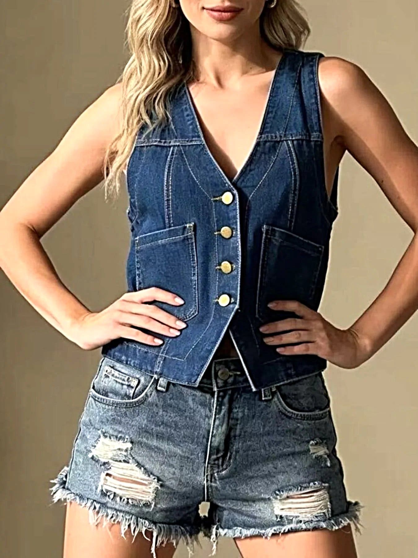 Plus Size Button-Down Denim Vest -
