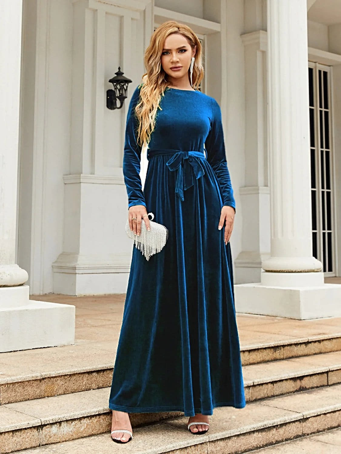 Elegant Tie Front Long Sleeve Maxi Dress in Opaque Polyester – Comfortable and Stylish Trendsi