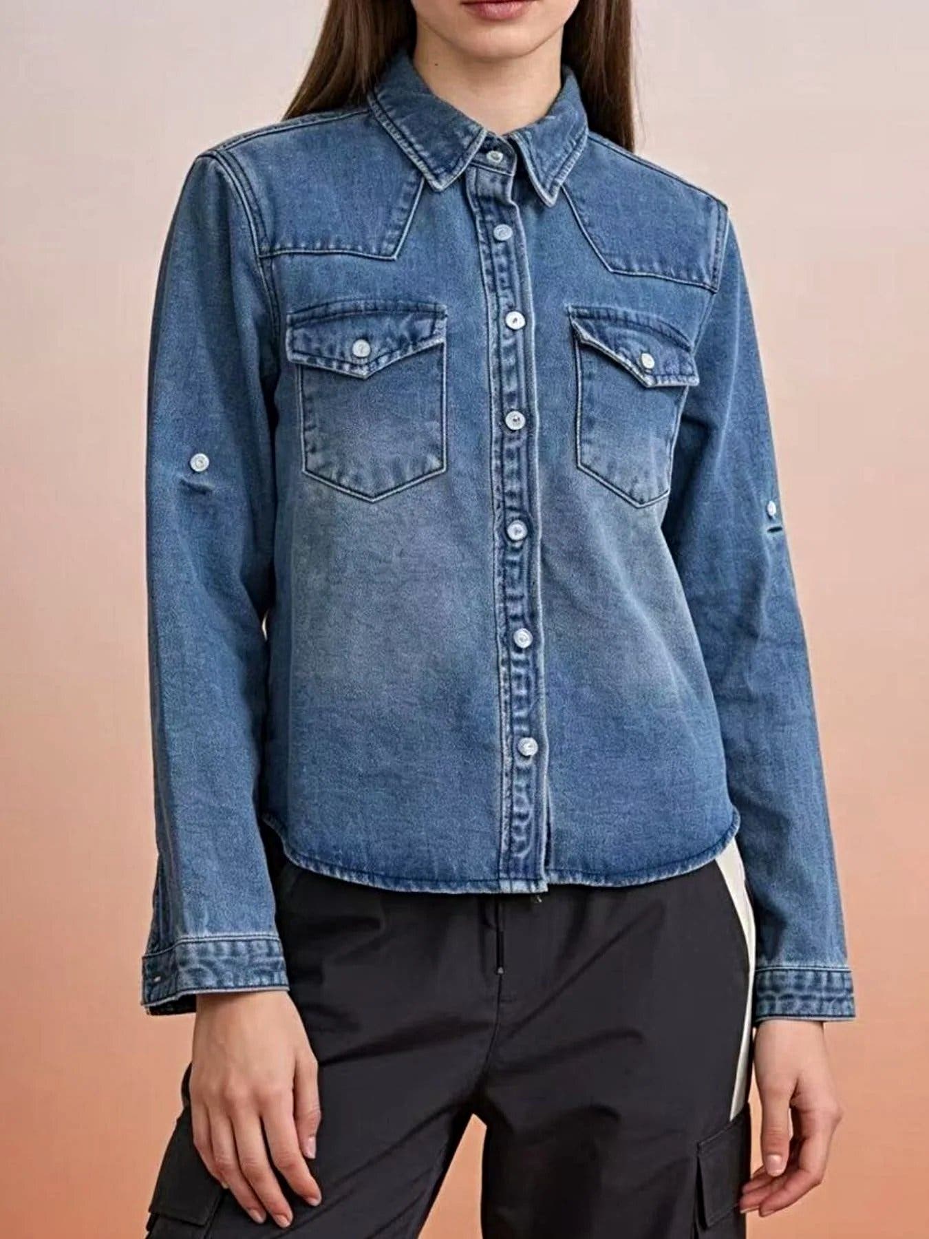 Button Down Classic Western Style Denim Top -