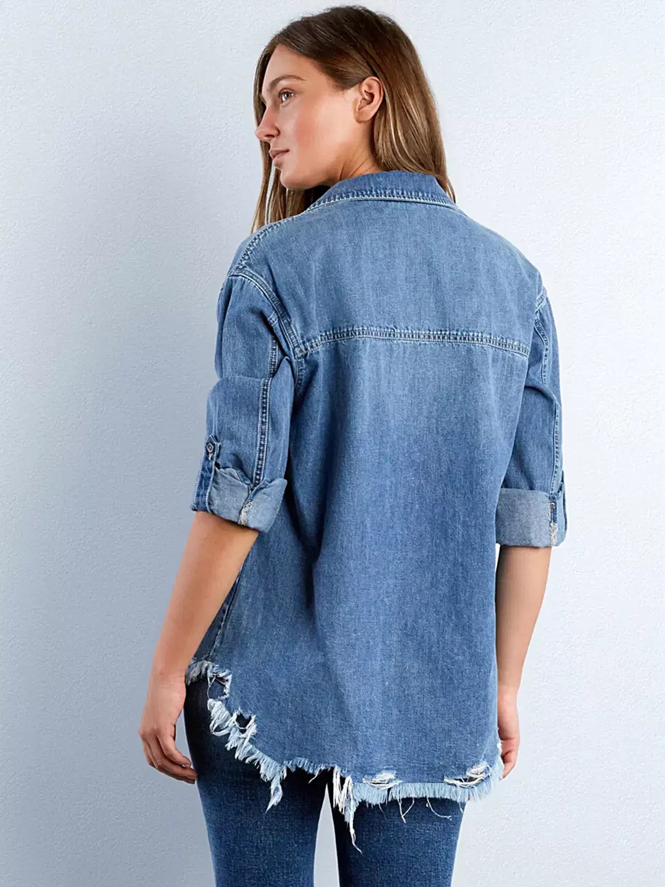 Frayed Hem Roll-Up Sleeve Denim Shirt -