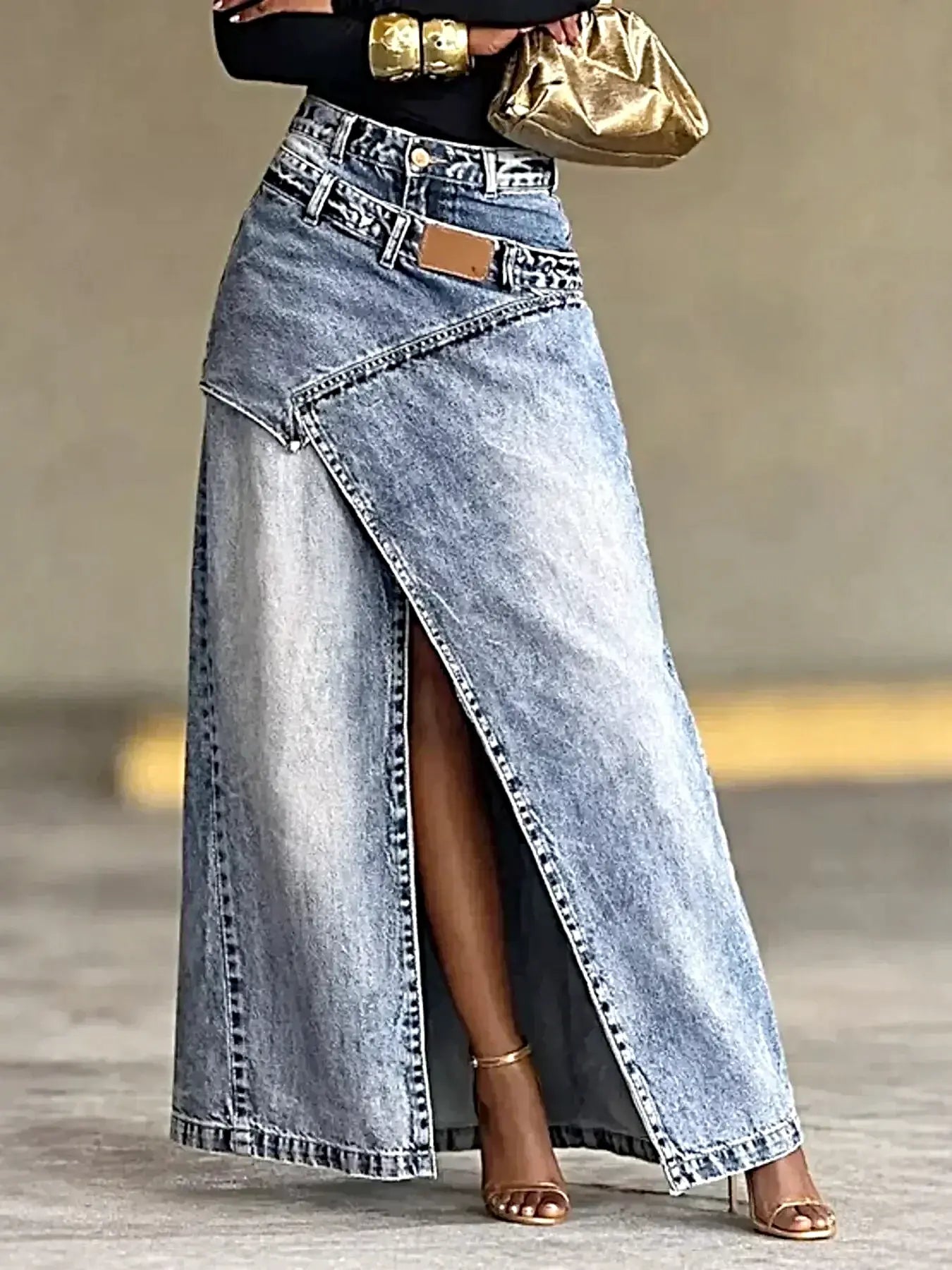 High-Waisted Slit Denim Skirt -