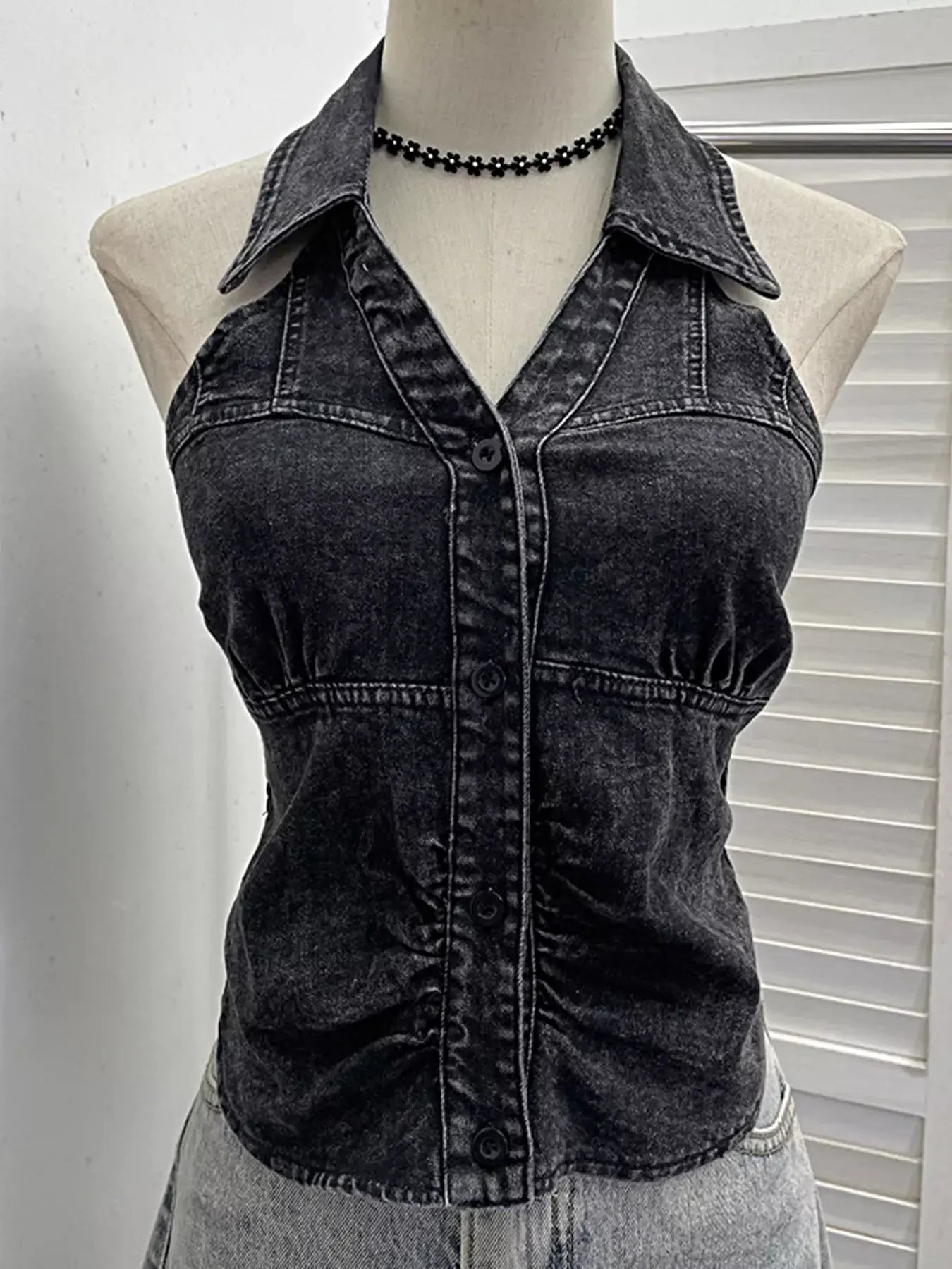 Smocked Denim Halter Collar Top -