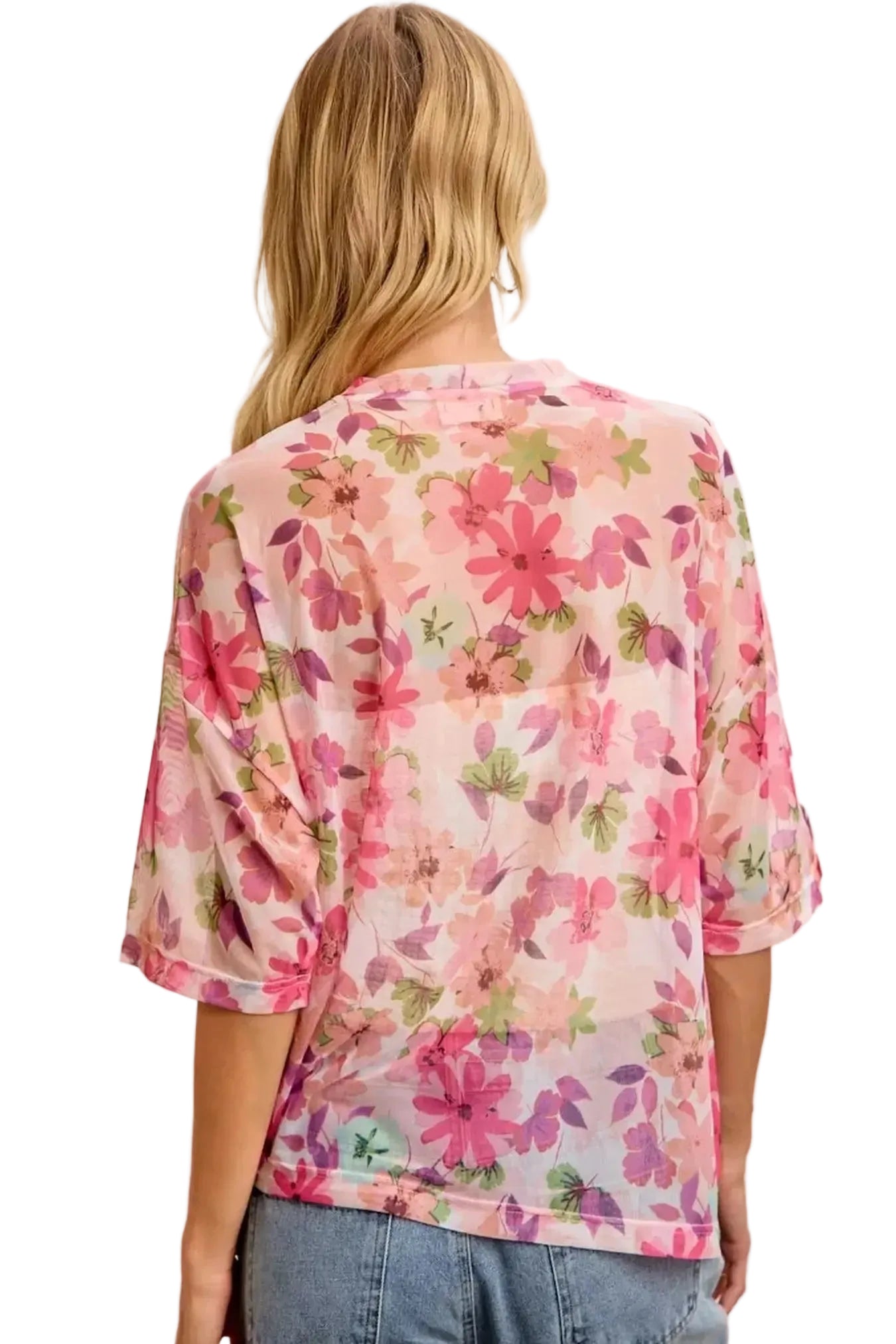 BiBi Floral Print Short Sleeves Boxy Mesh Top -