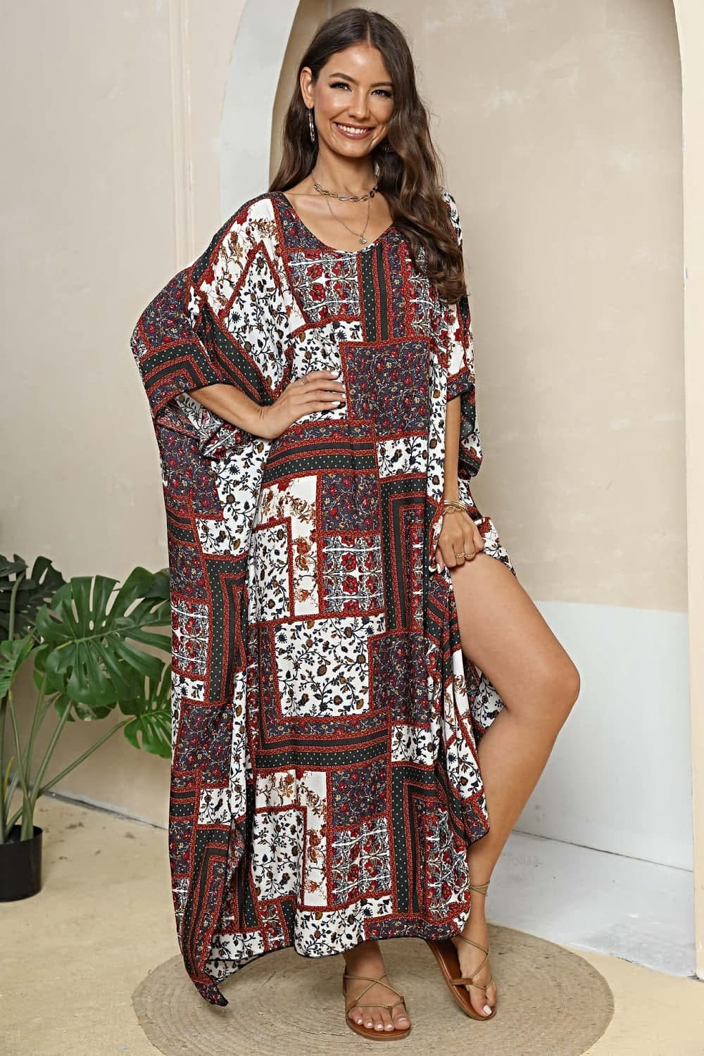 Printed V-Neck Split Maxi Dress -
