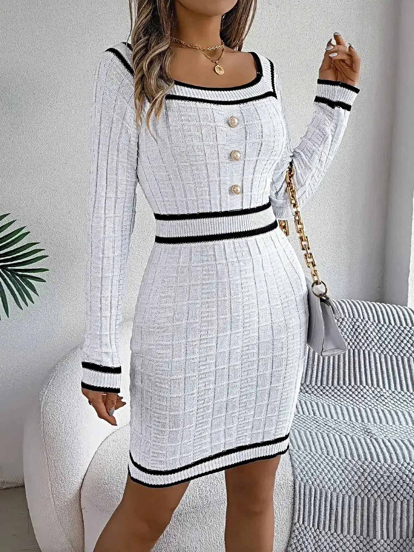 Contrast Trim Long Sleeve Sweater Dress -