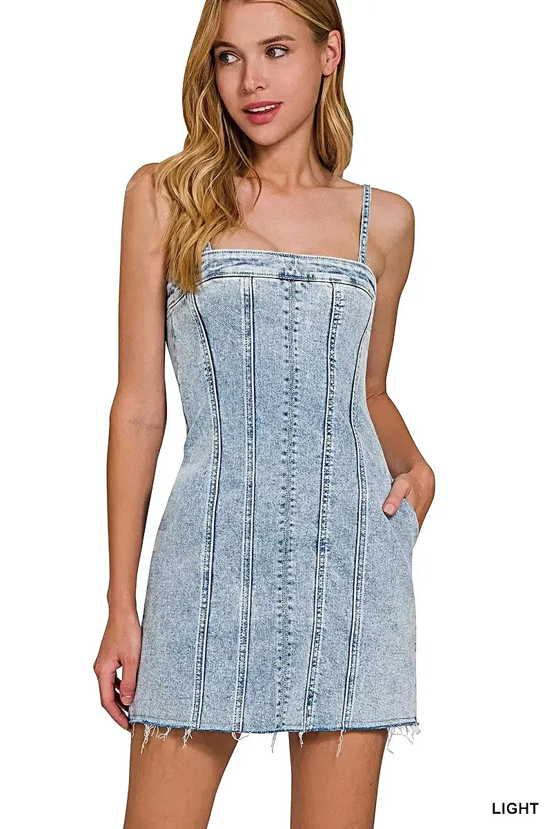 Zenana Spaghetti Strap Exposed Seam Light-Wash Dress -