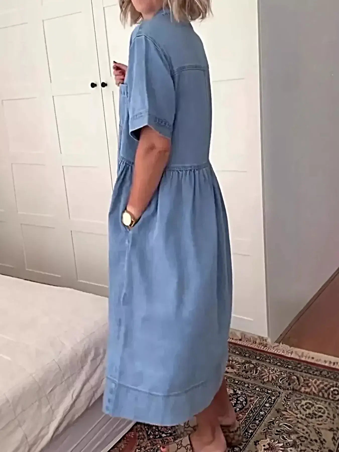 Full Size Button Front Denim Midi Dress Plus Size -