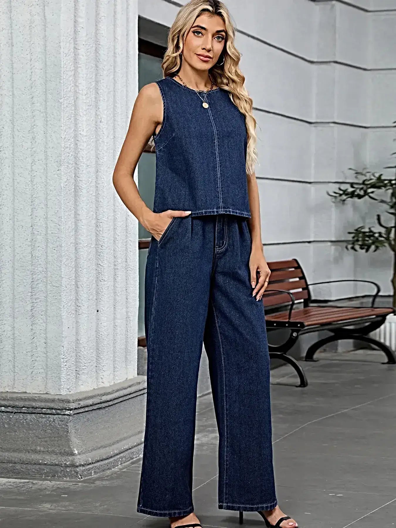Round Neck Tank and Pants Denim Set -
