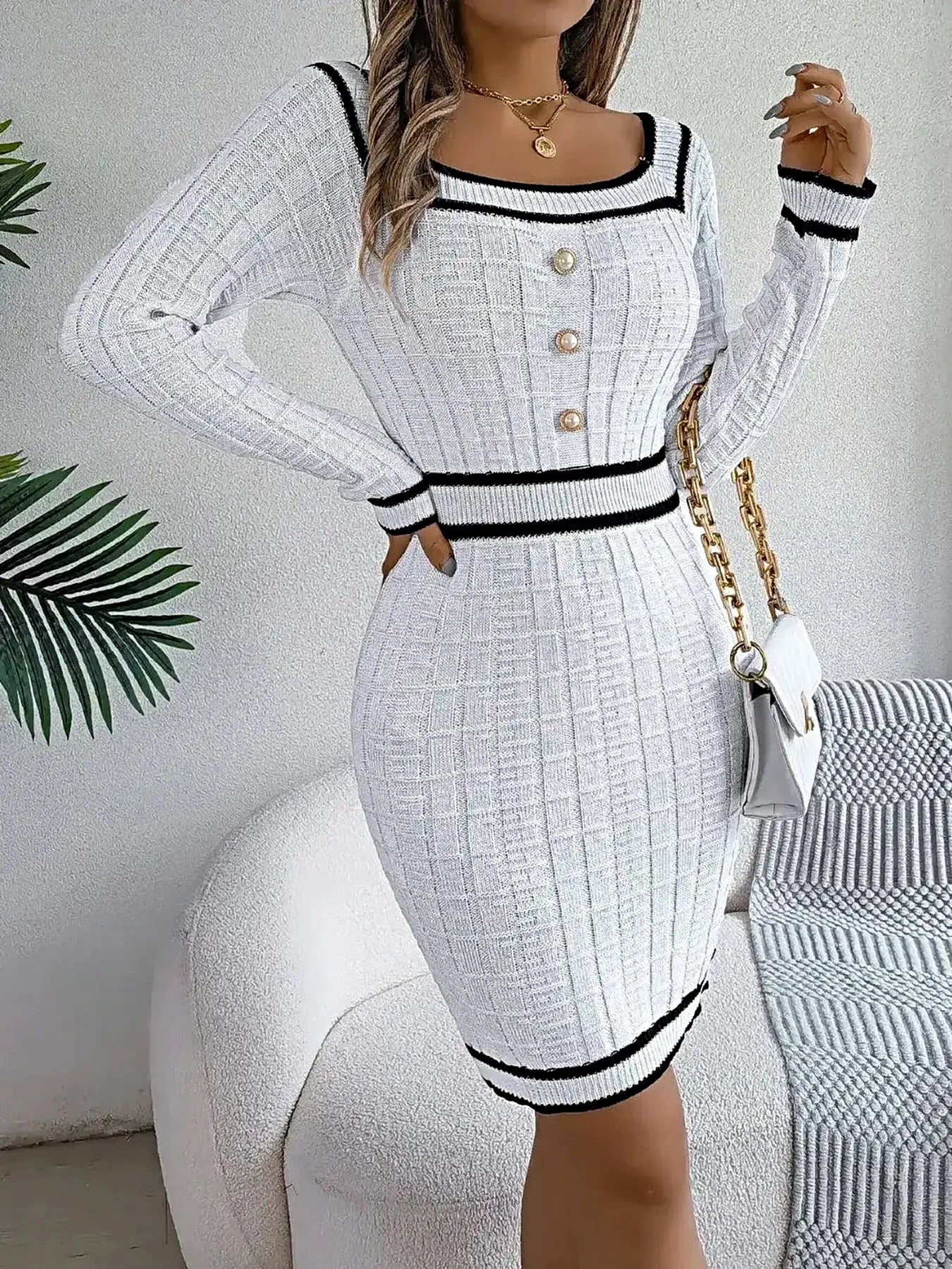 Contrast Trim Long Sleeve Sweater Dress -