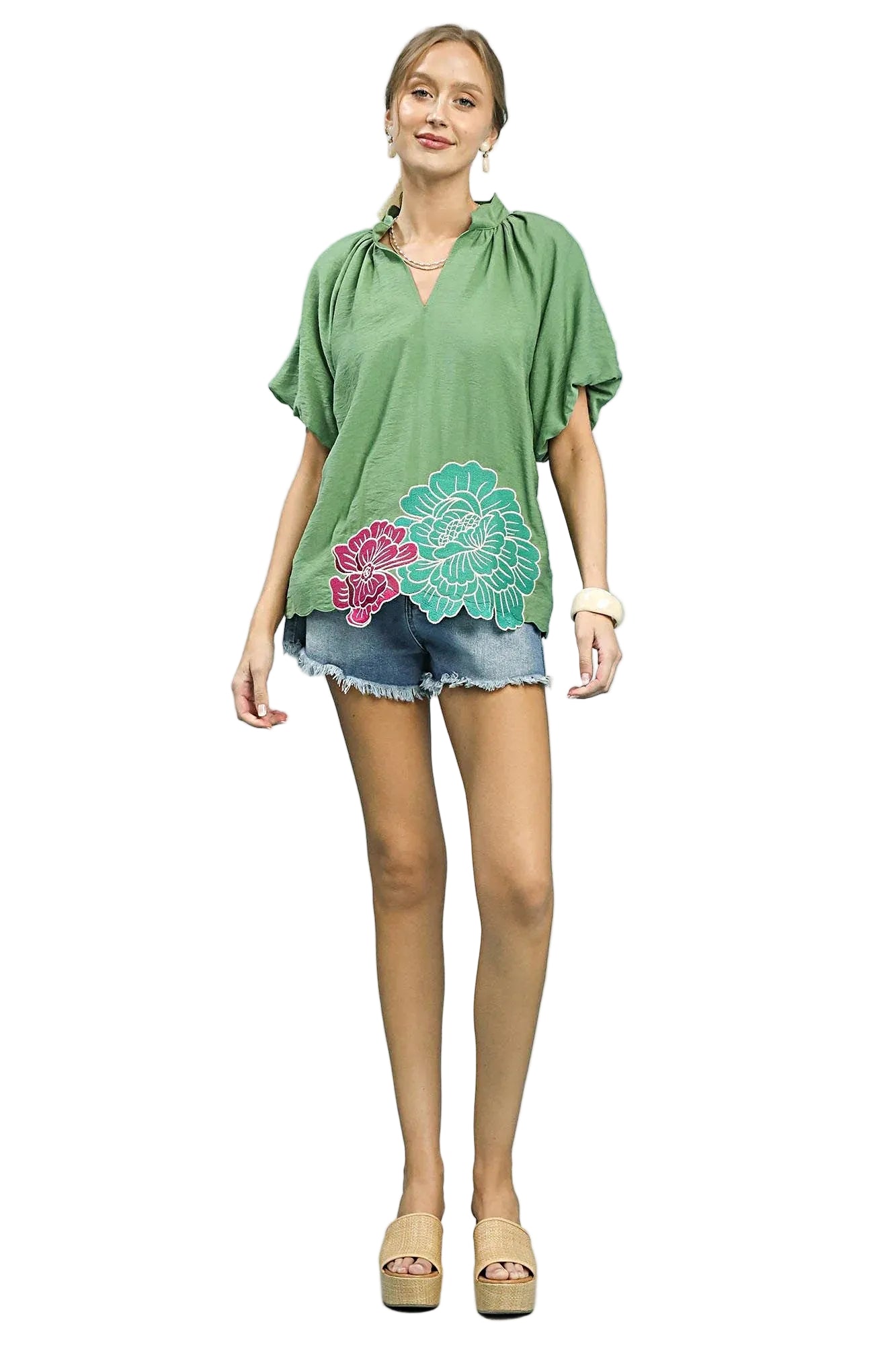 Umgee Floral Embroidered Hem Blouse -