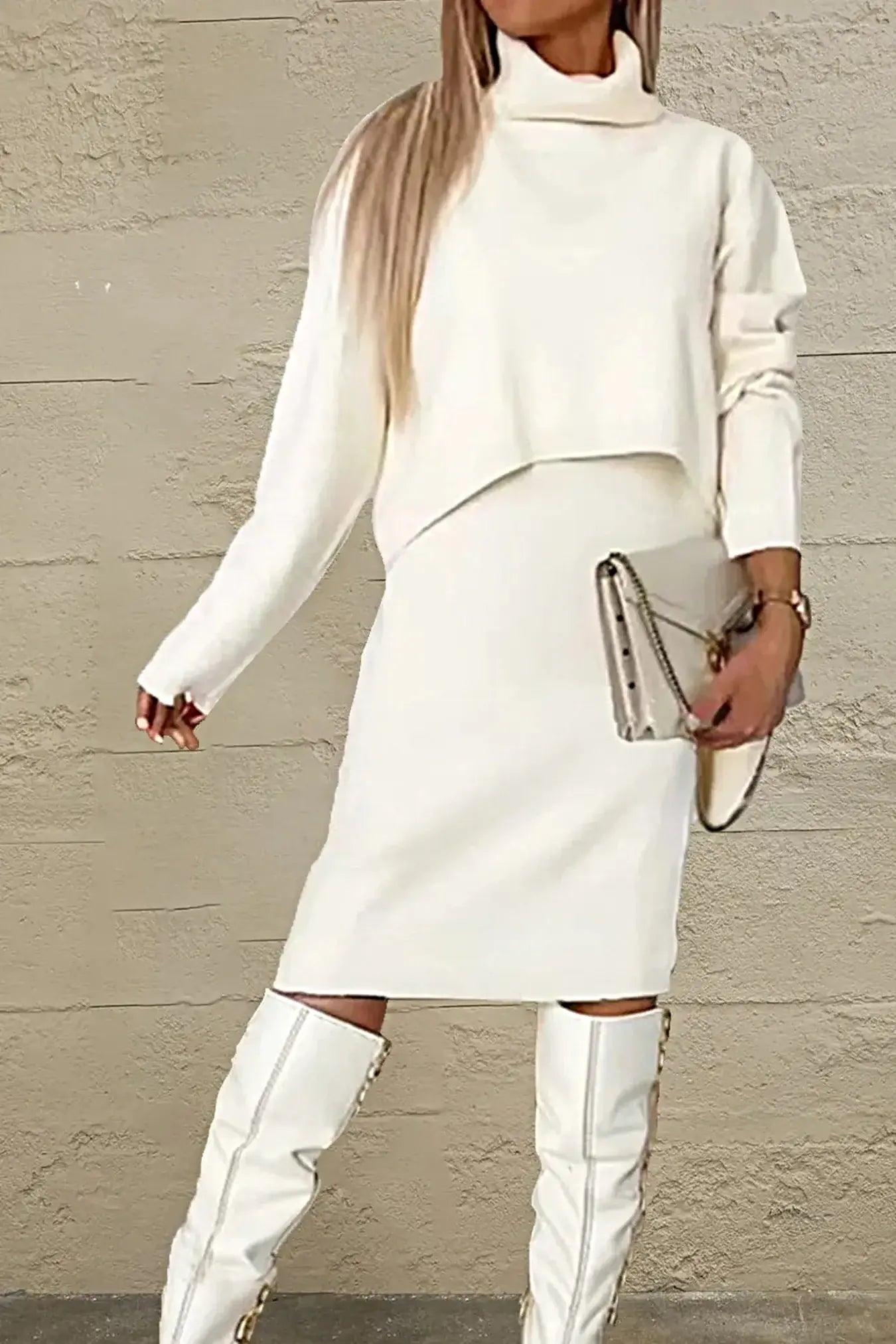 Turtleneck Dropped Shoulder Sweater and Dress Sweater Set -