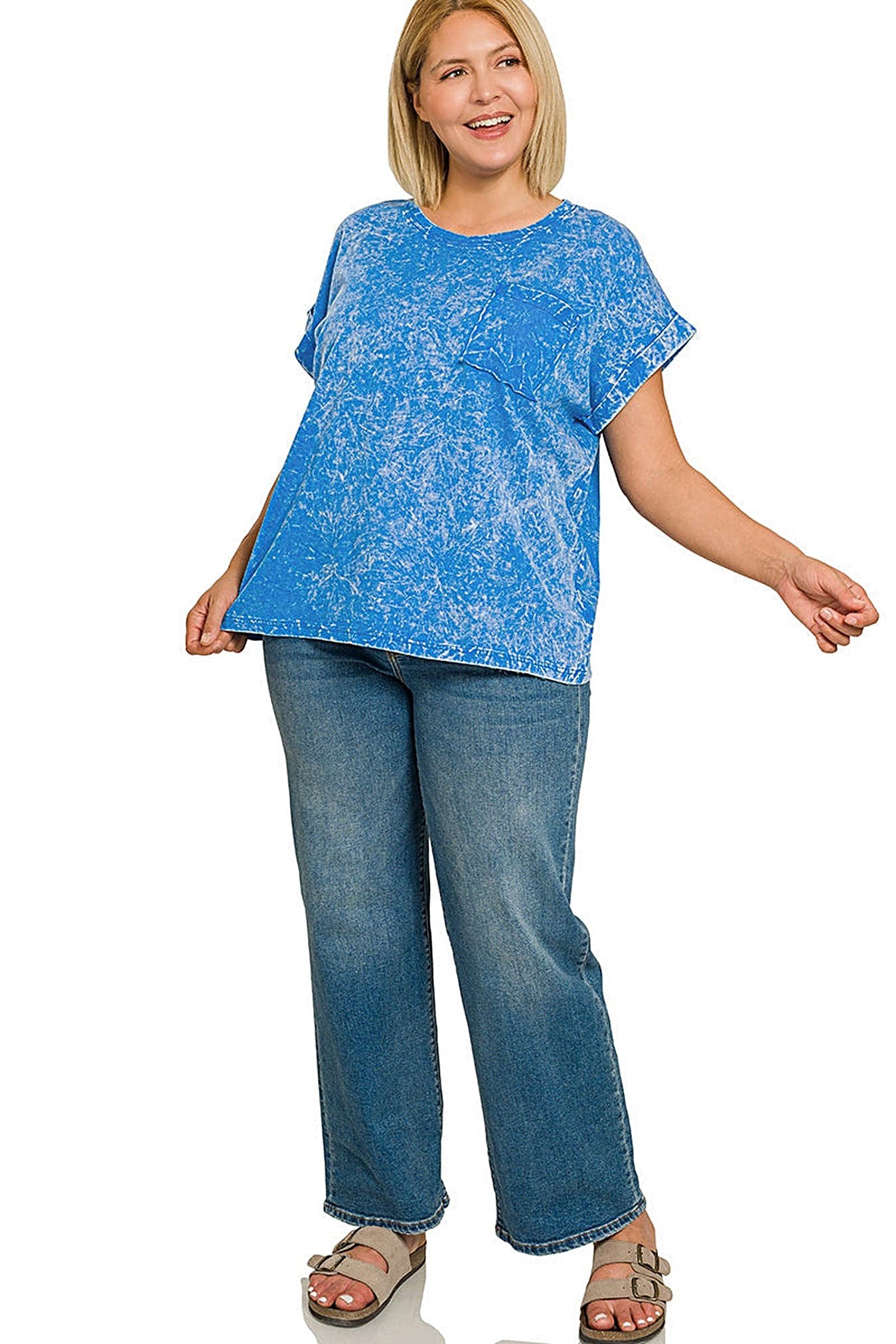 Zenana Full Size Crinkle Washed Round Neck Folded Short Sleeve Tee Plus Size -