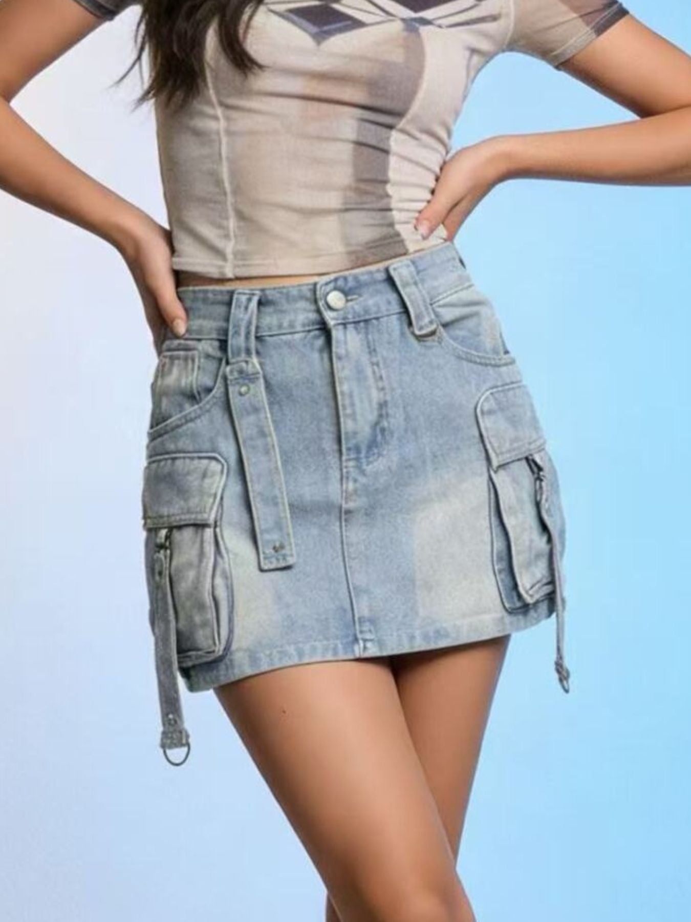 Washed Cargo Denim Skirt -