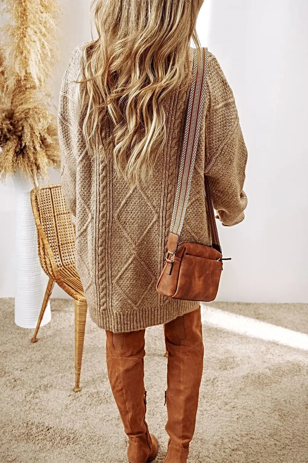 Cable-Knit Round Neck Sweater Dress -
