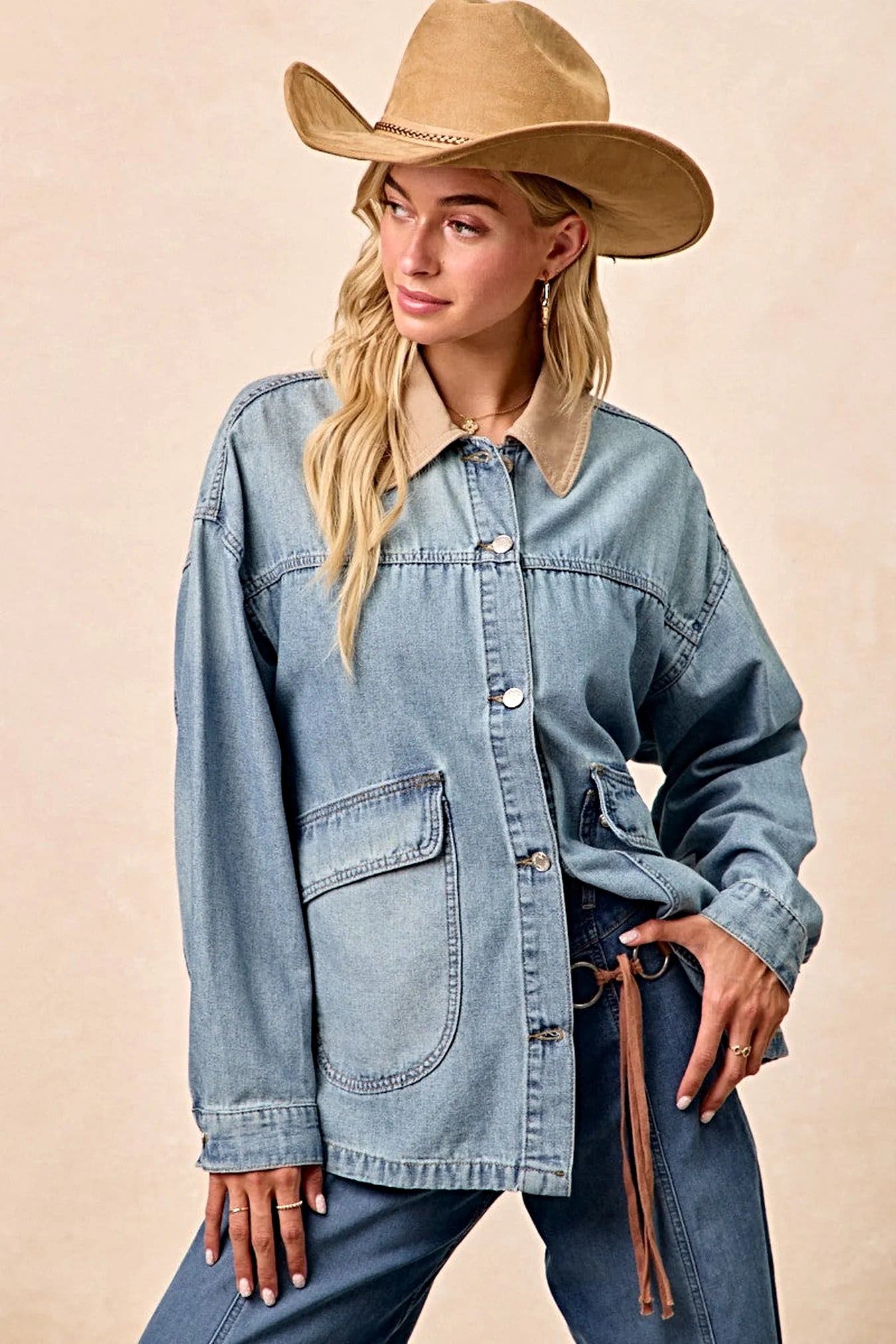 BiBi Washed Denim Jacket with Contrast Collar Detail -
