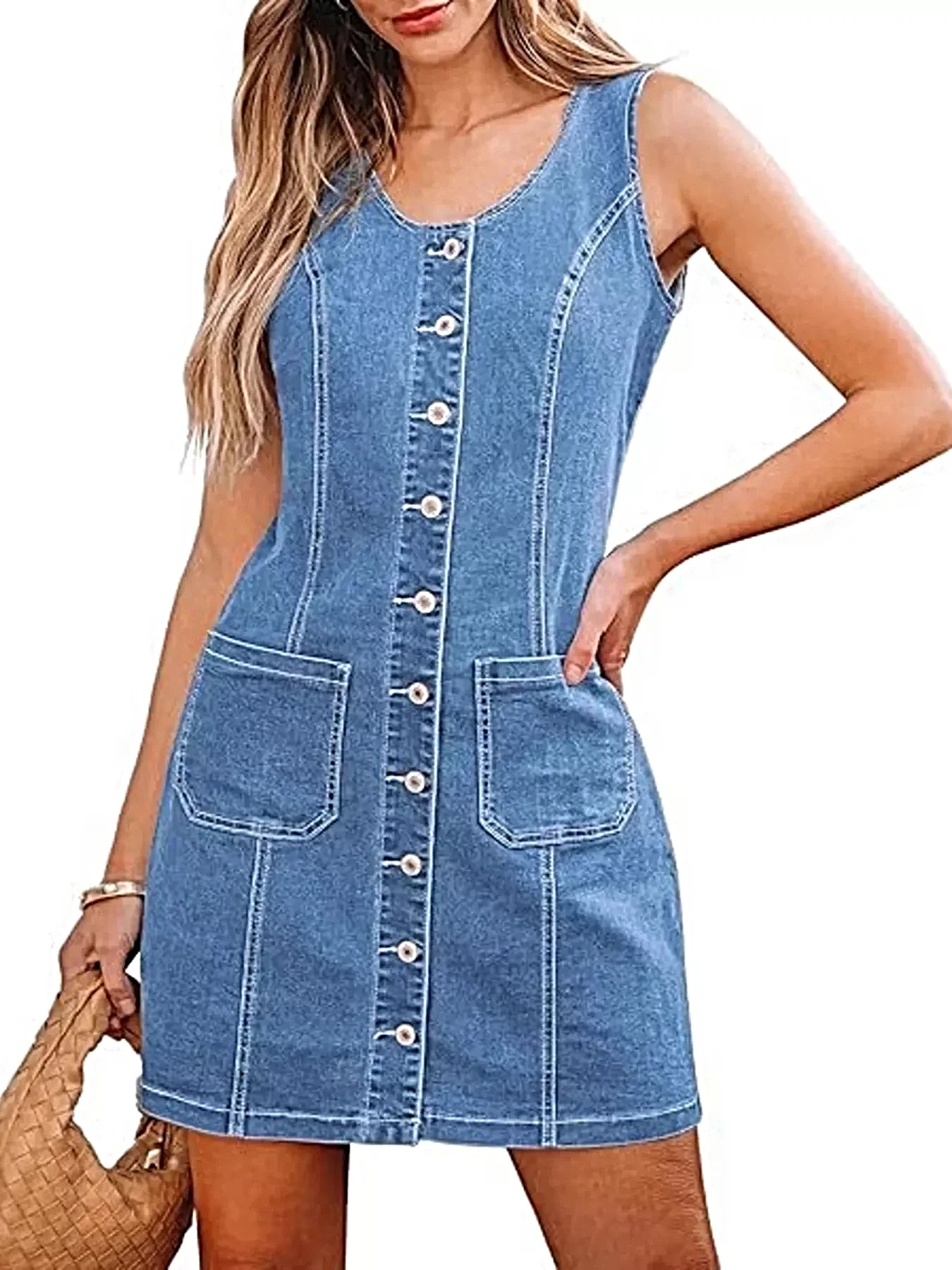 Button-Front Sleeveless Denim Dress -