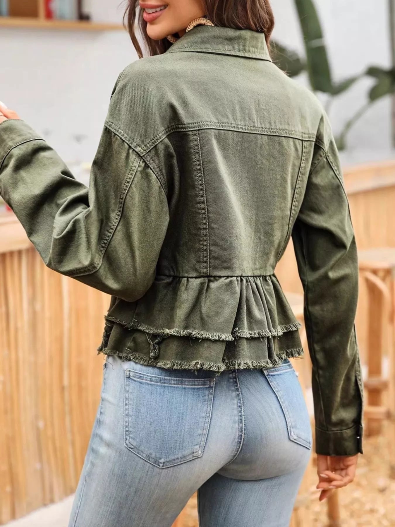Ruffle Raw Hem Denim Jacket -