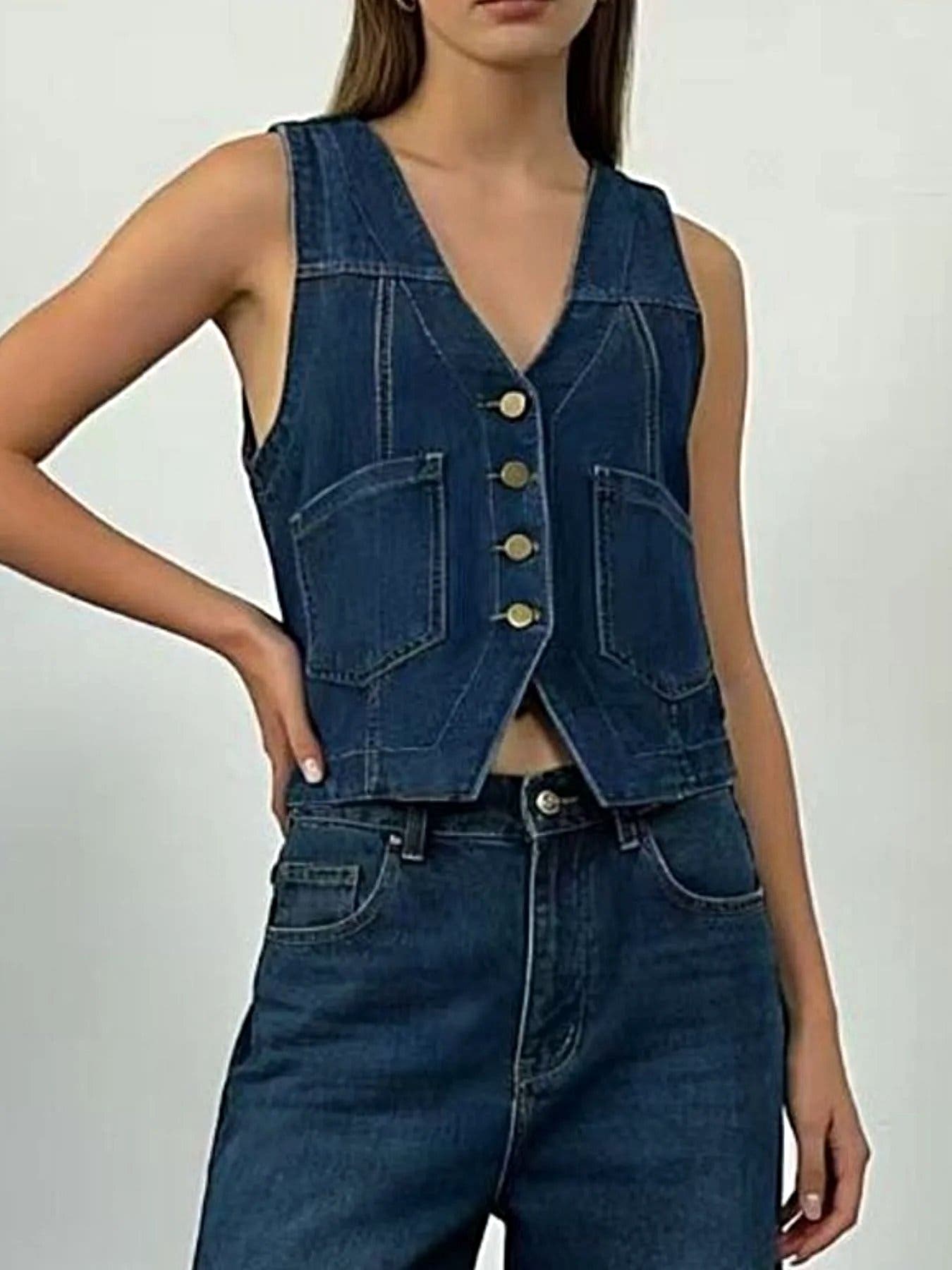 Plus Size Button-Down Denim Vest -
