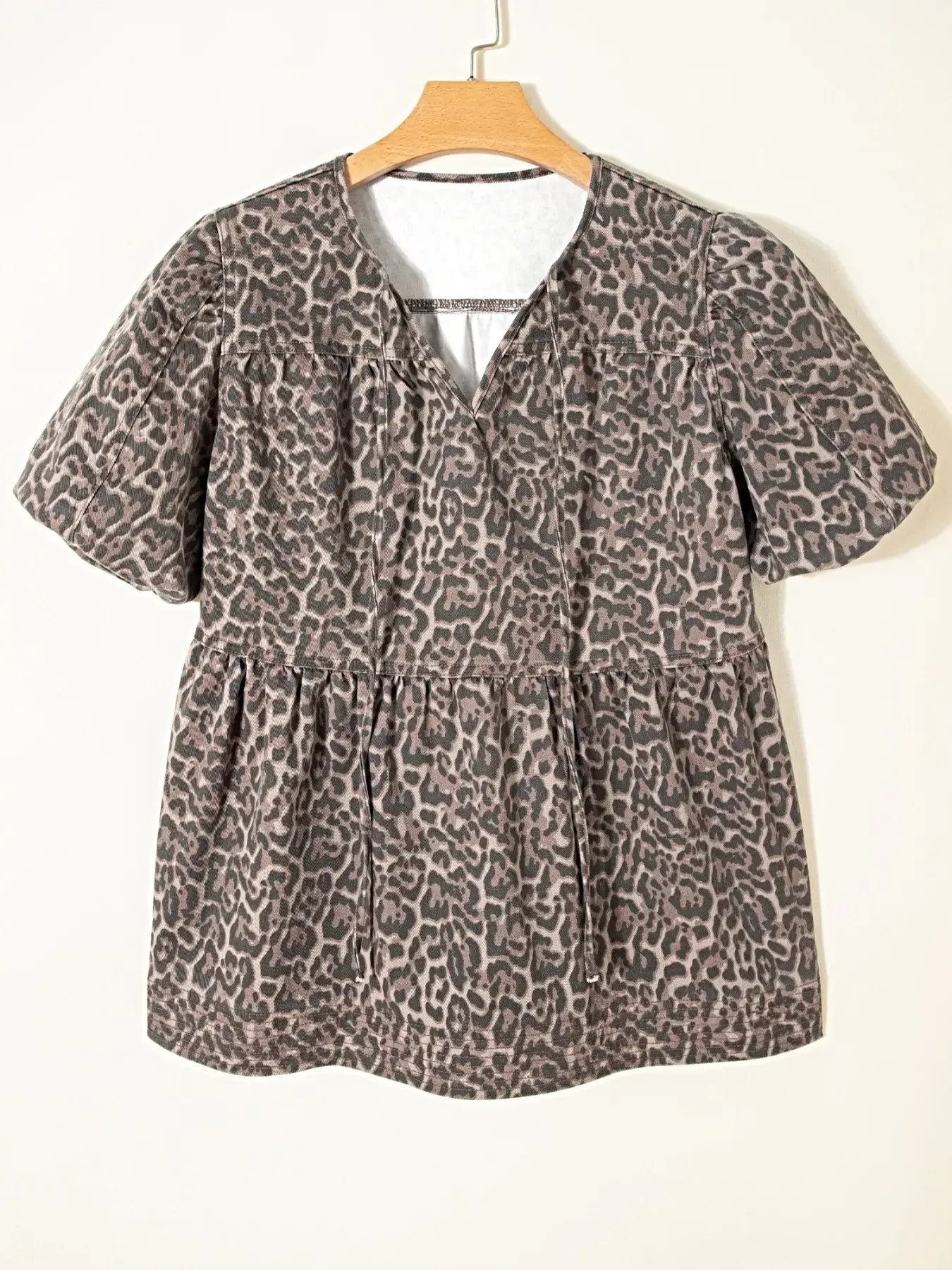 Leopard Print Ruffle Hem Denim Top -