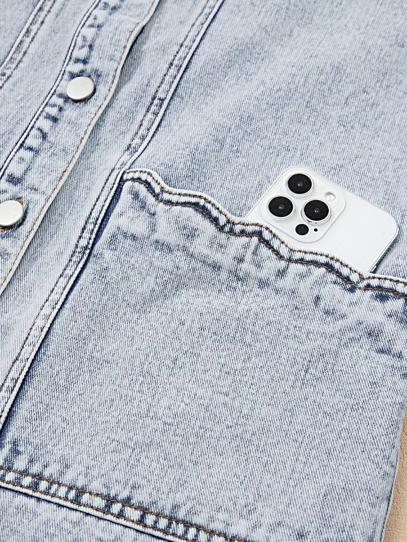 Scalloped Trim Patch Pocket Button Front Denim Vest -