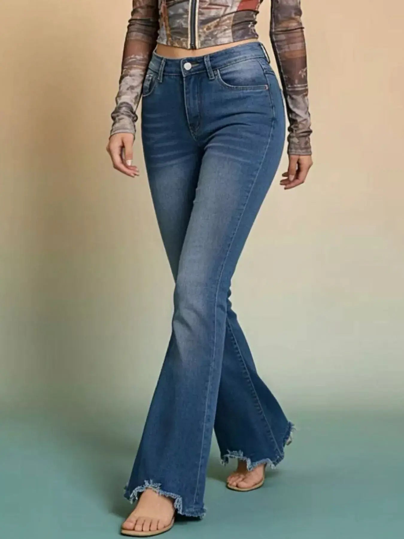 Raw Hem High-Waisted Flare Jeans -