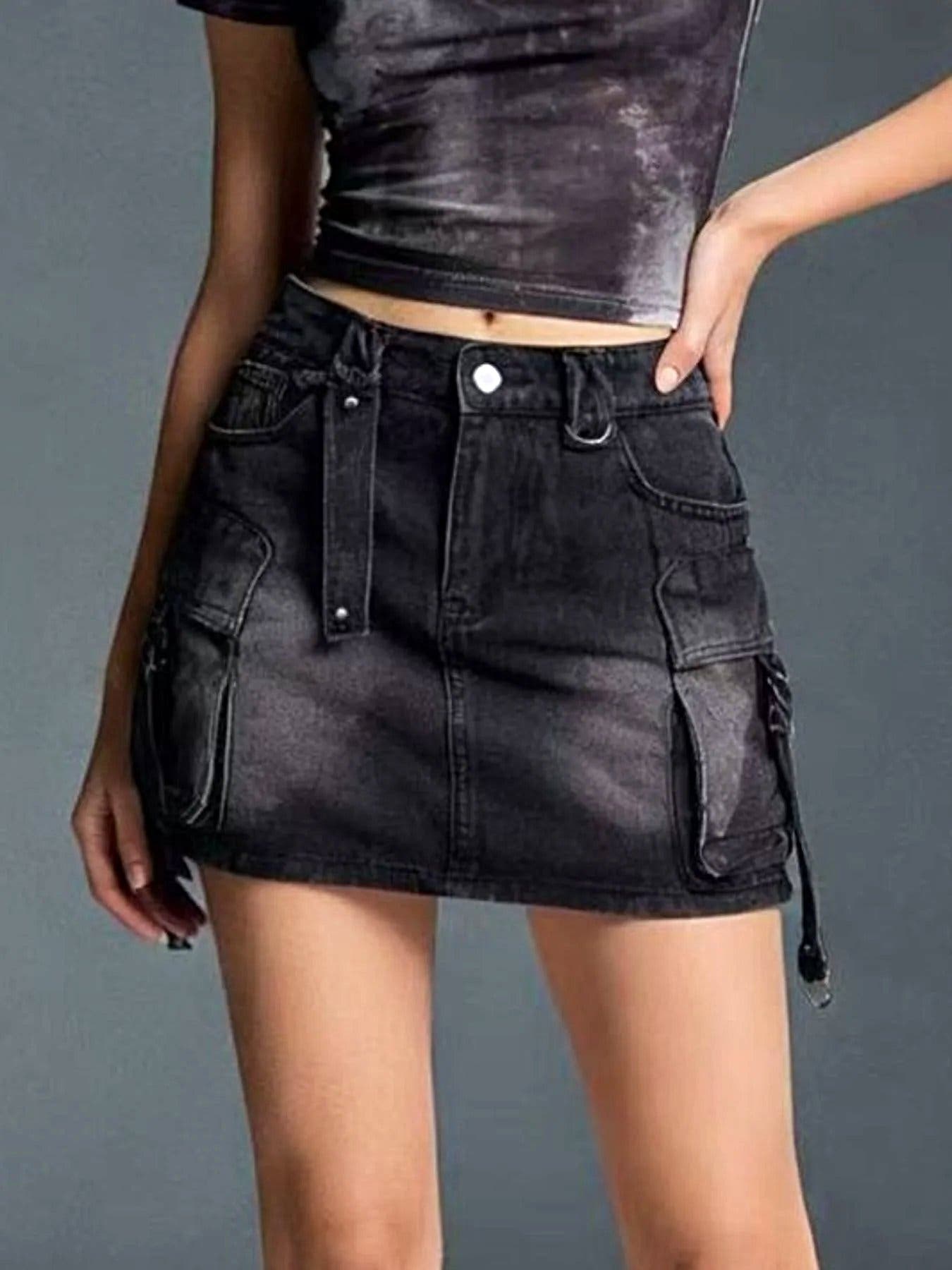 Washed Cargo Denim Skirt -