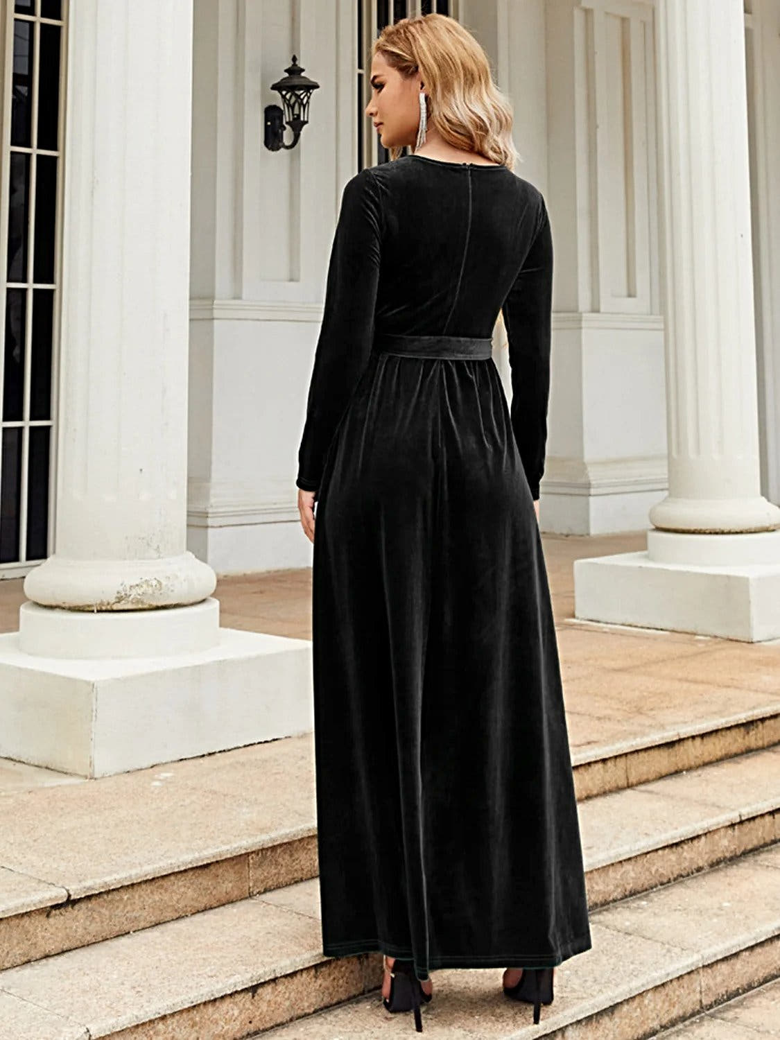 Elegant Tie Front Long Sleeve Maxi Dress in Opaque Polyester – Comfortable and Stylish Trendsi