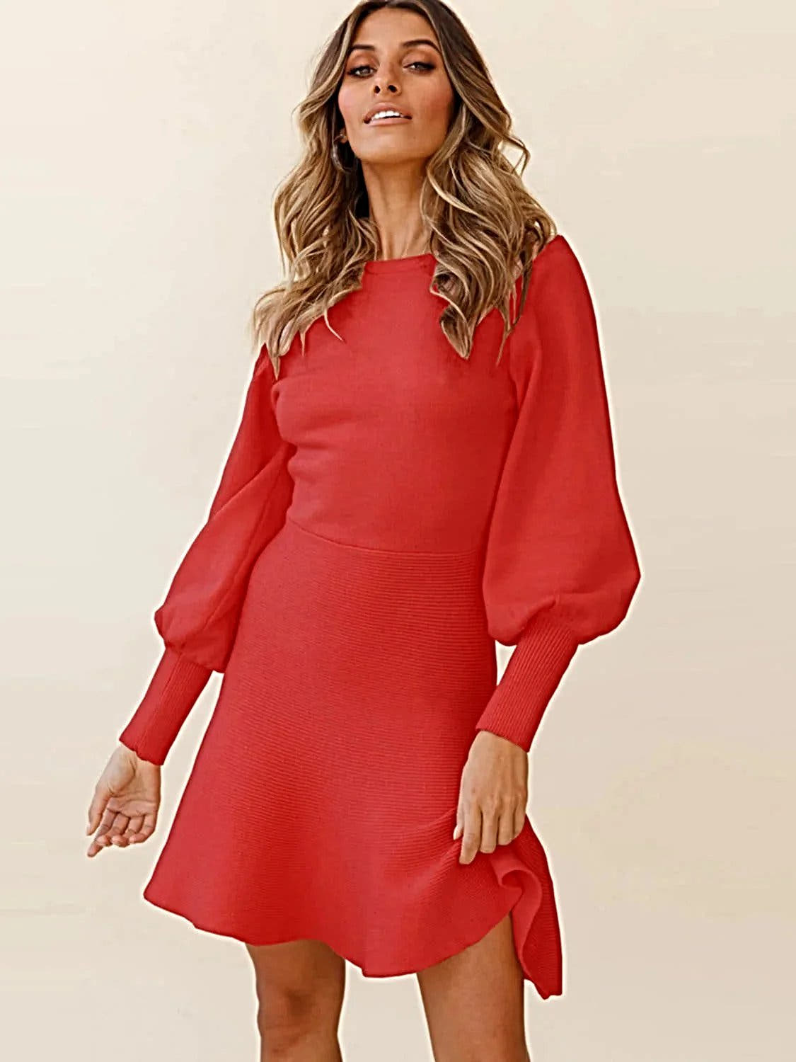 Elegant Lantern Sleeve Sweater Dress With Moderate Stretch - Chic Round Neck Design -