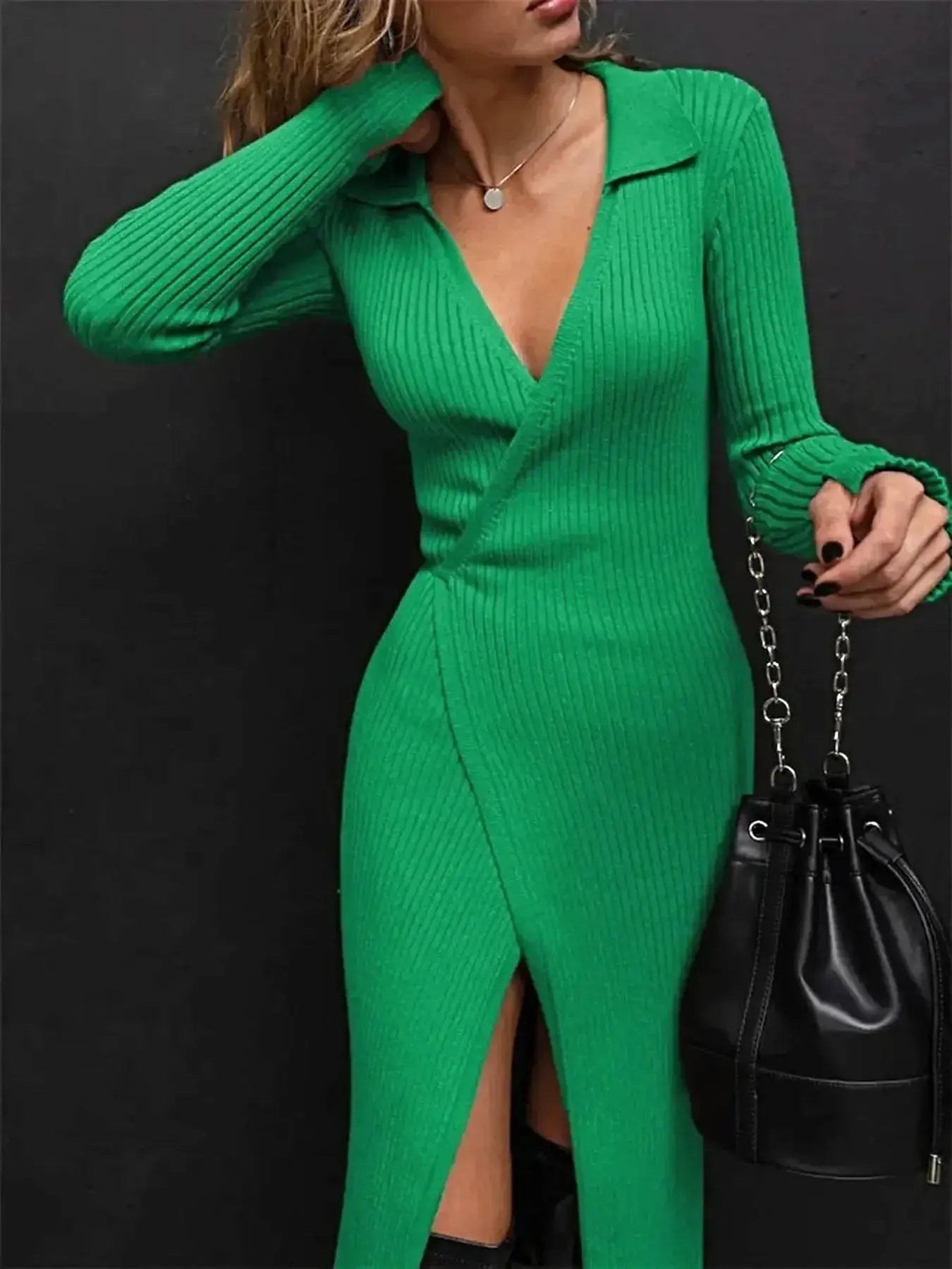 Tied Collared Neck Long Sleeve Sweater Dress -