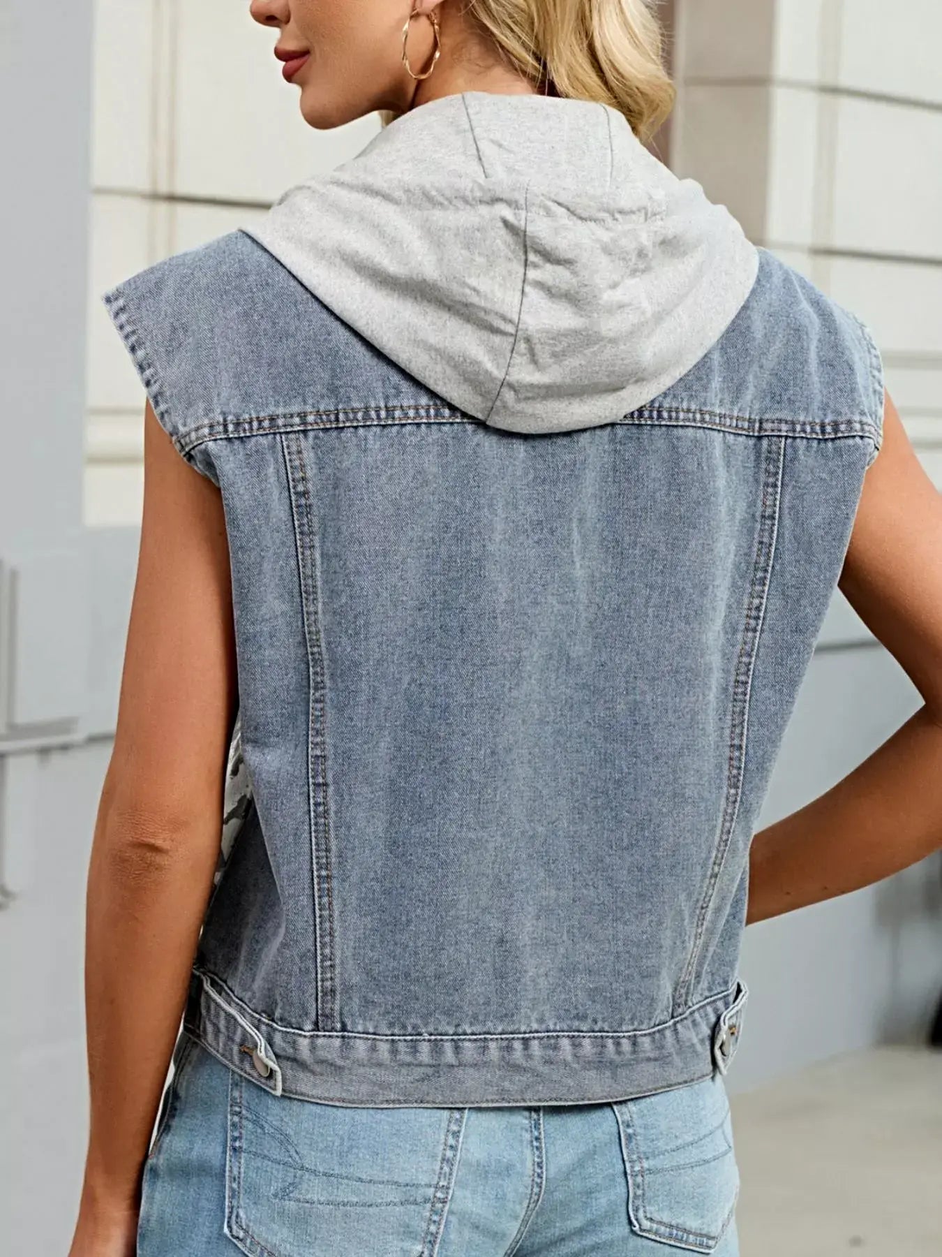 Leopard Button Up Hooded Denim Vest -