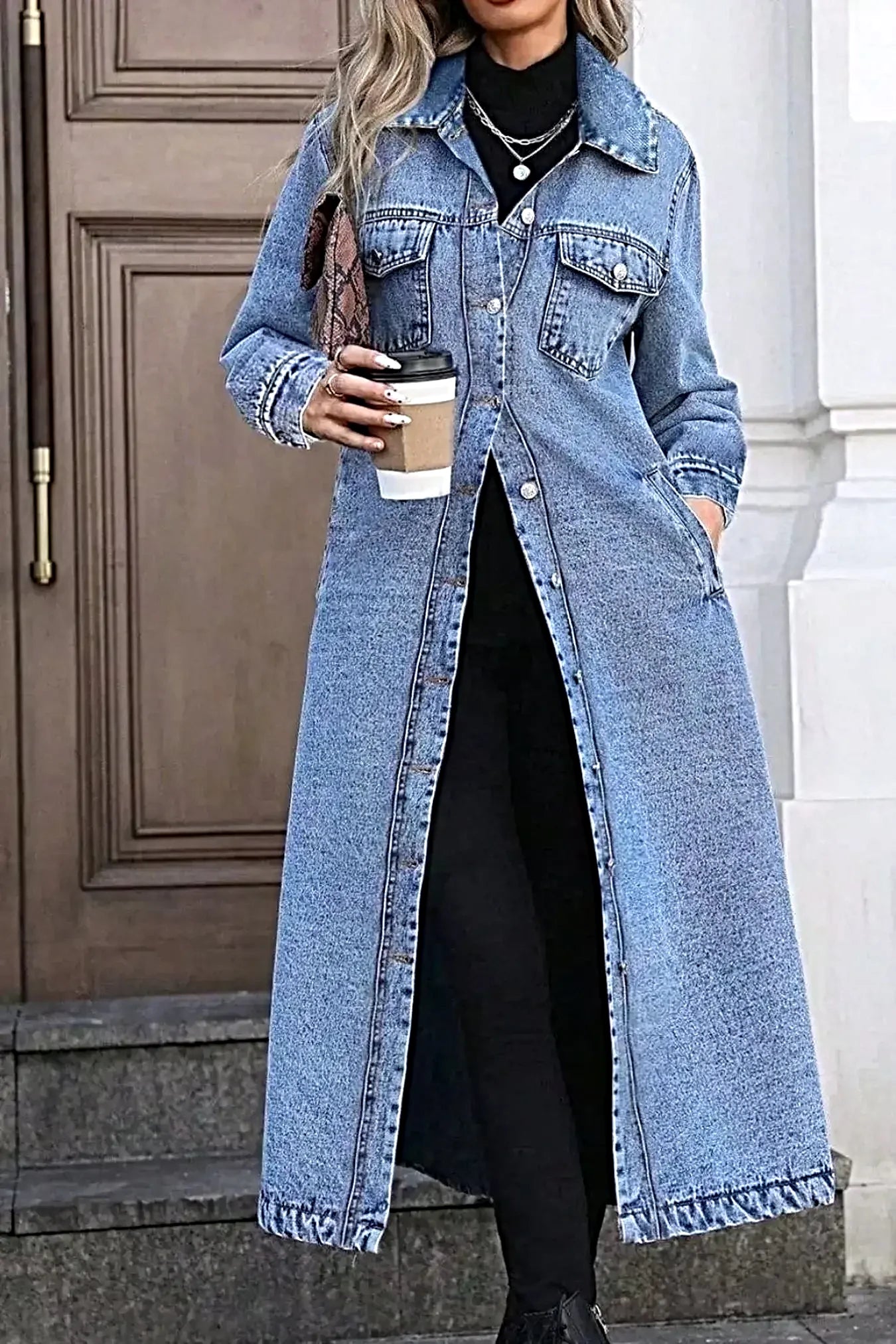 Longline Button-Front Denim Coat -