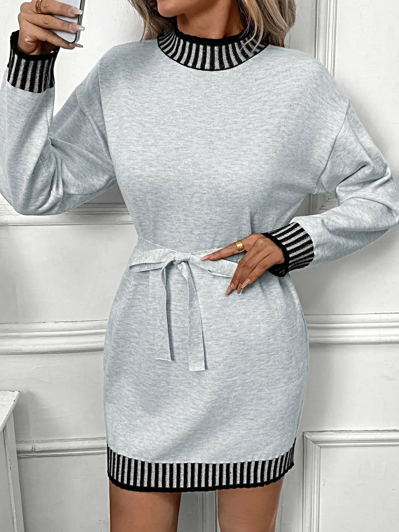 Striped Trim Tie Waist Sweater Dress -