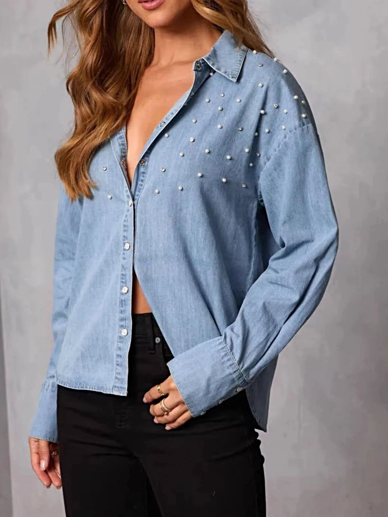 Pearl Embellished Button Up Denim Shirt -
