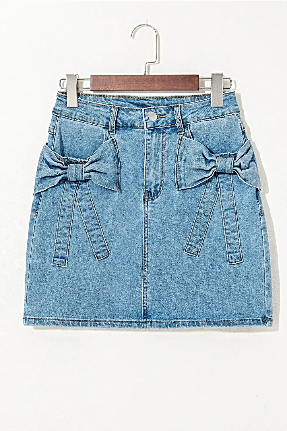 Stylish High Waist Denim Skirt with Acid Wash and Bowknot Details for Chic Outfits -