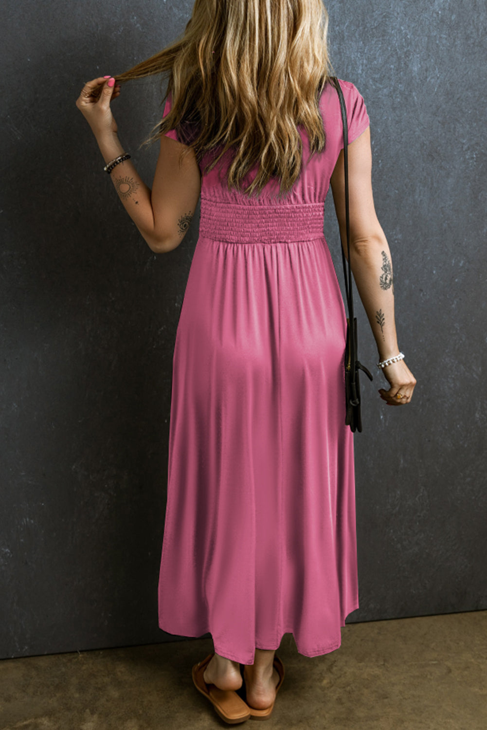 Smocked V-Neck Short Sleeve Dress Trendsi