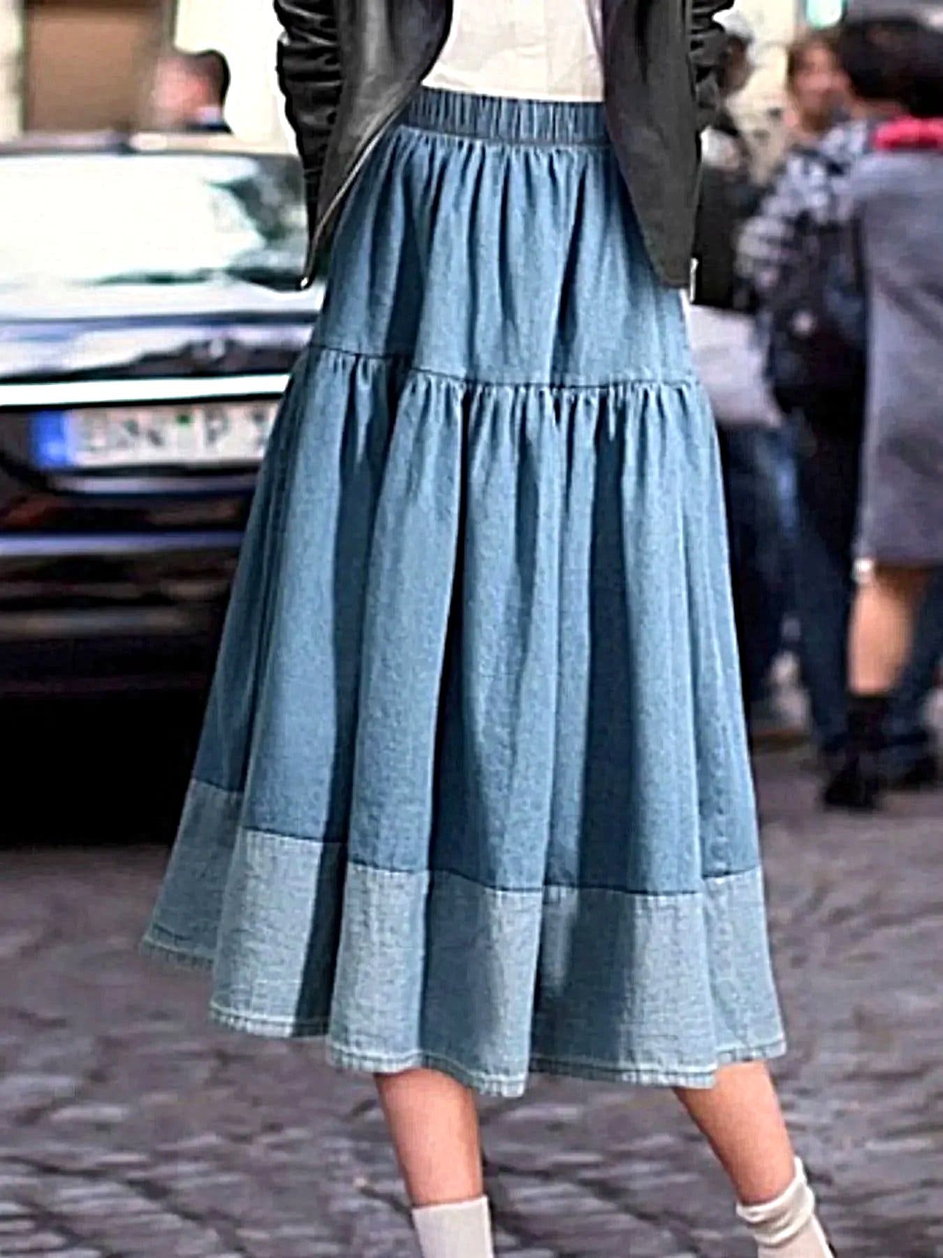 Elegant Tiered Denim Skirt - Midi Length, 100% Polyester, Machine Washable -