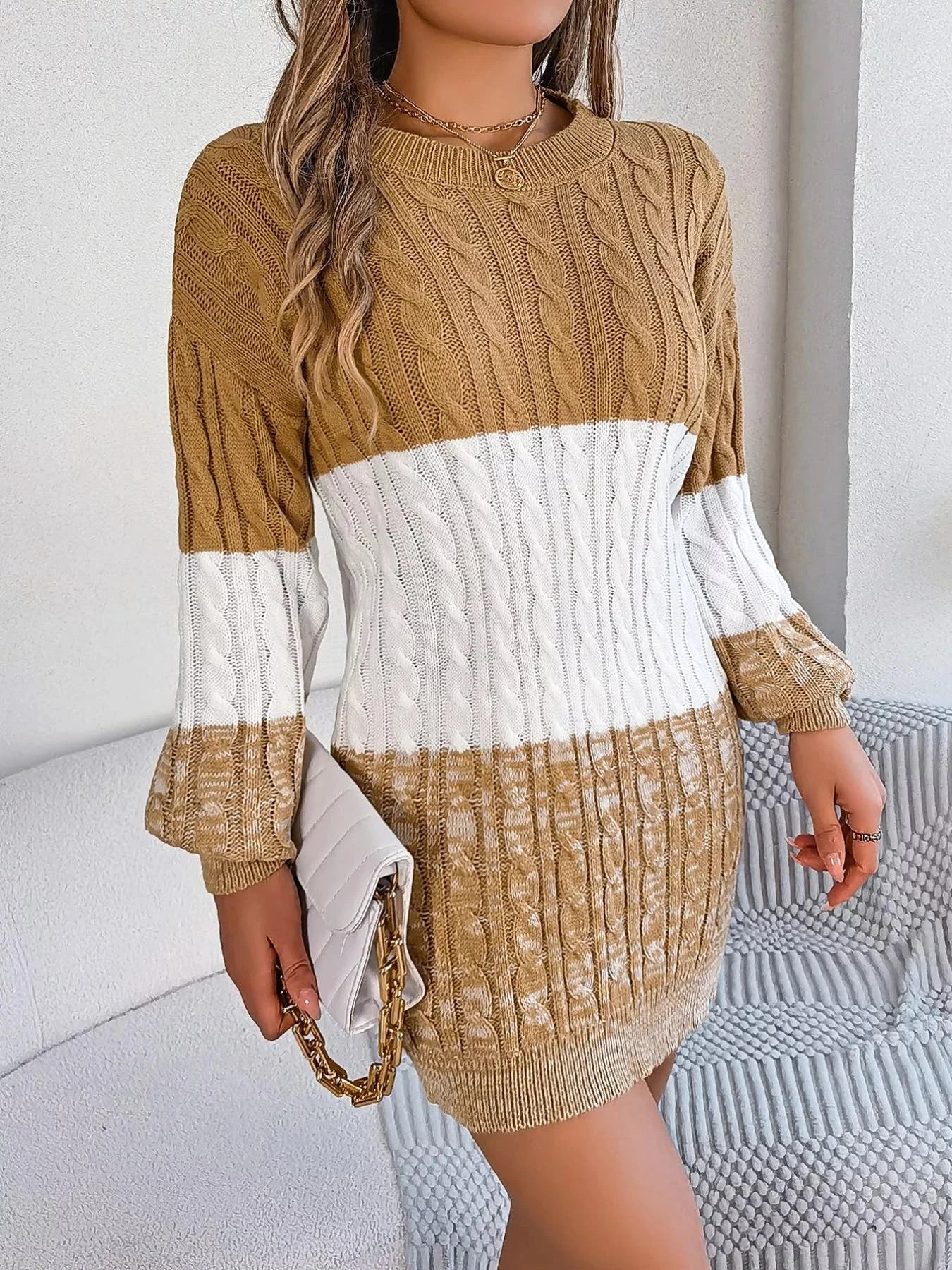 Color Block Cable Knit Sweater Dress with Textured Pattern -