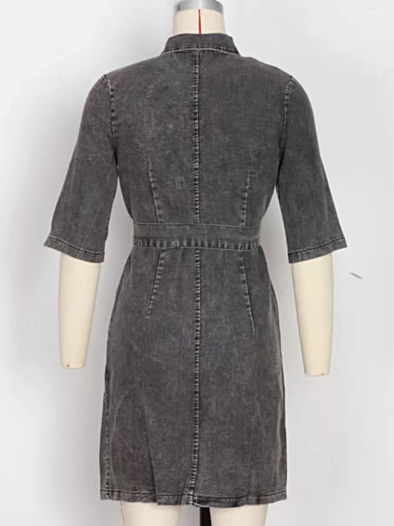 Zipper Front Short Sleeve Denim Dress -