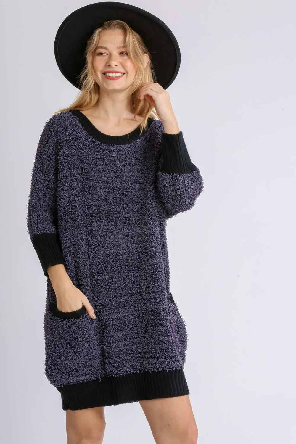 Umgee Full Size Ribbed Hem Round Neck 3/4 Sleeve Sweater Dress with Pockets Plus Size -