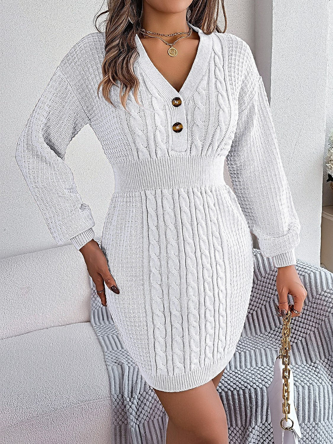 Elegant Buttoned Cable-Knit Dress with V-Neck, Moderate Stretch - 100% Acrylic -