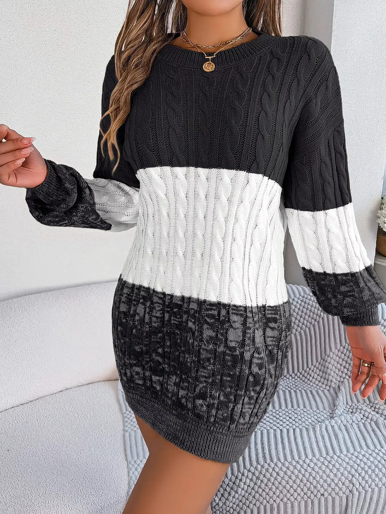 Color Block Cable Knit Sweater Dress with Textured Pattern -