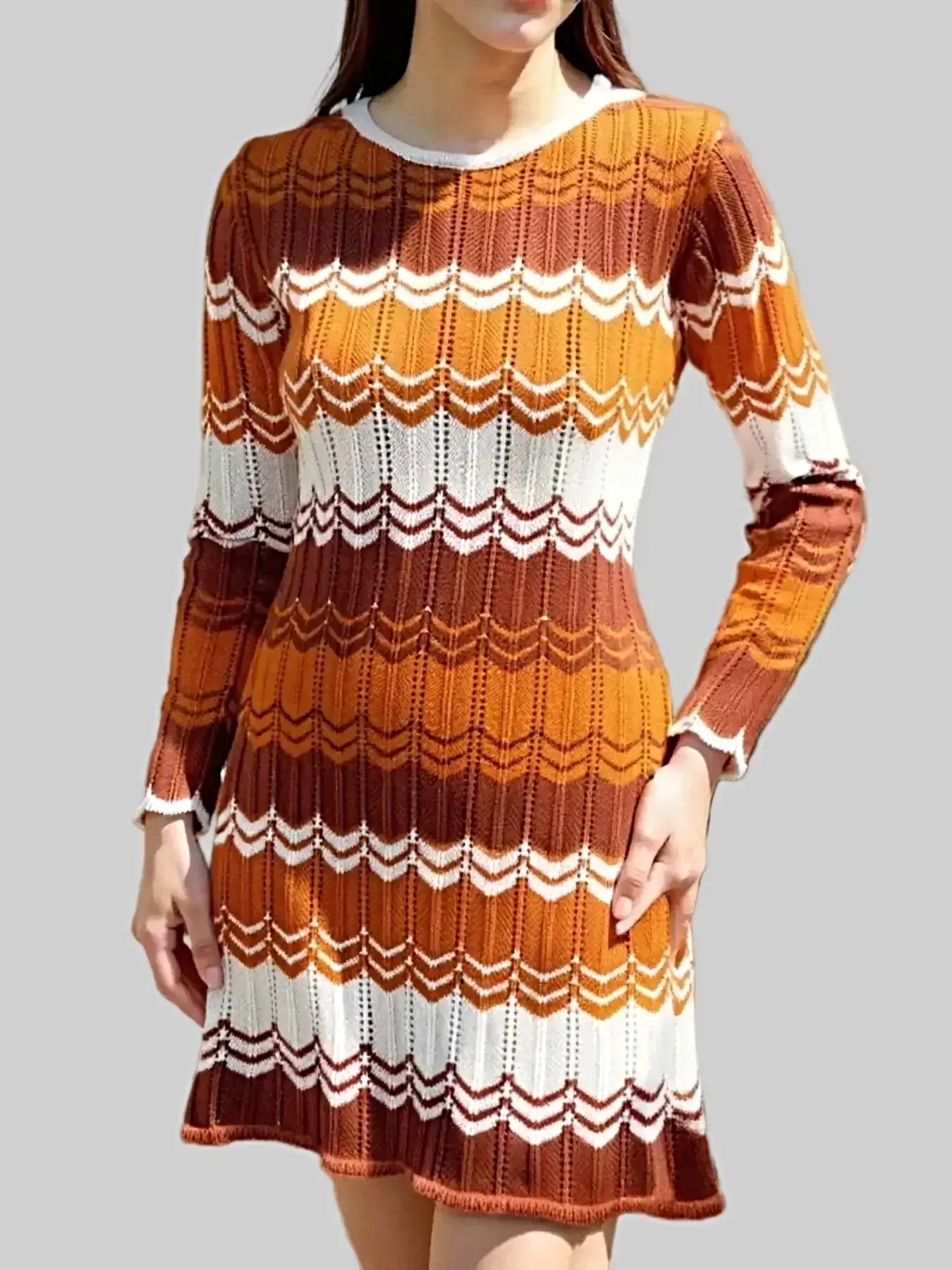 Openwork Wave Pattern Long Sleeve Sweater Dress -