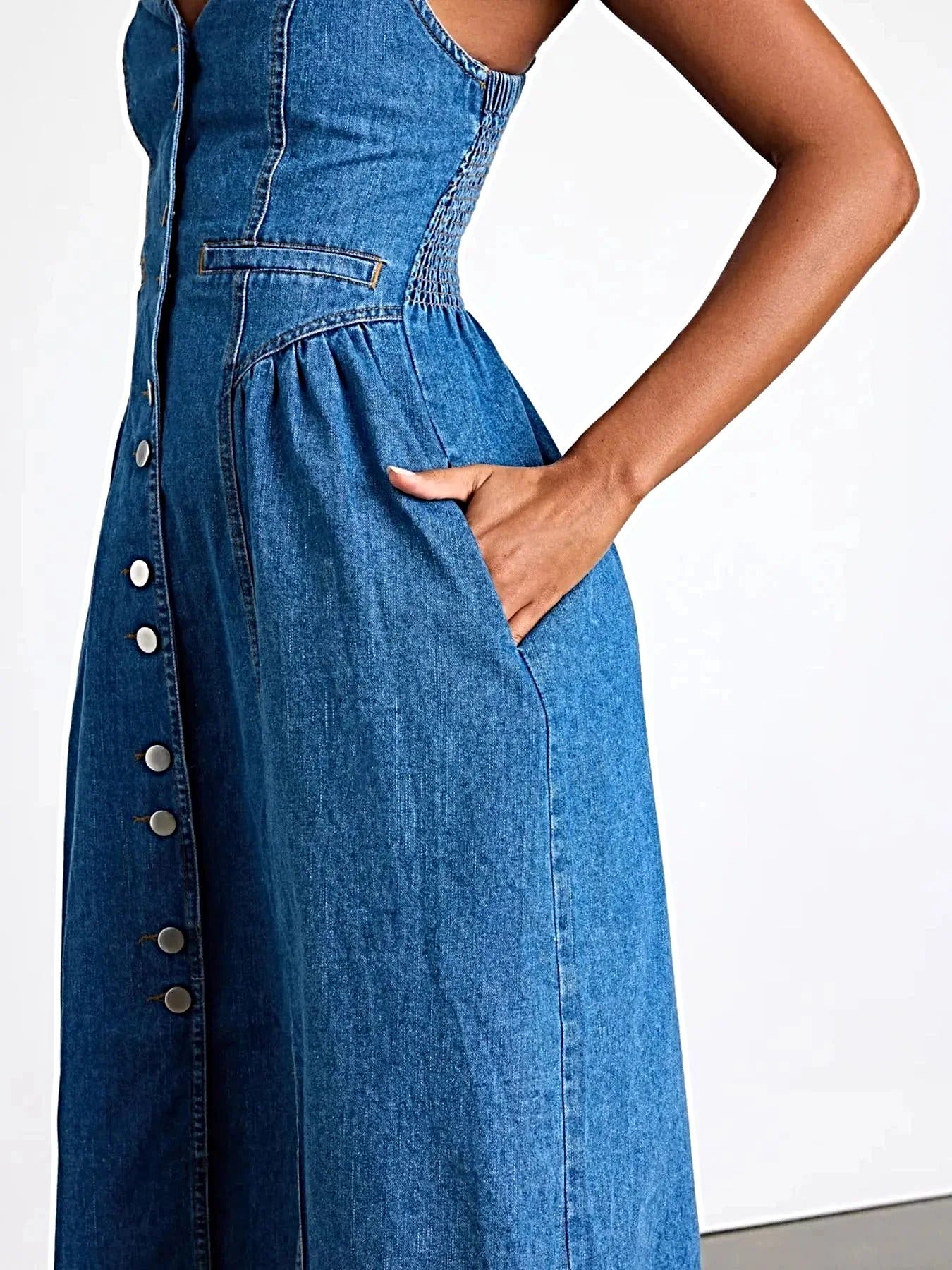 Button-Front Midi Denim Dress -