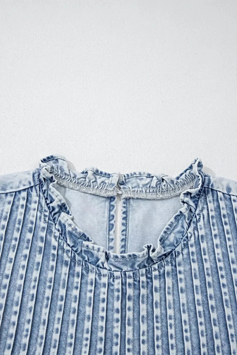 Ruffle Pleated Detail Vintage Washed Denim Top -