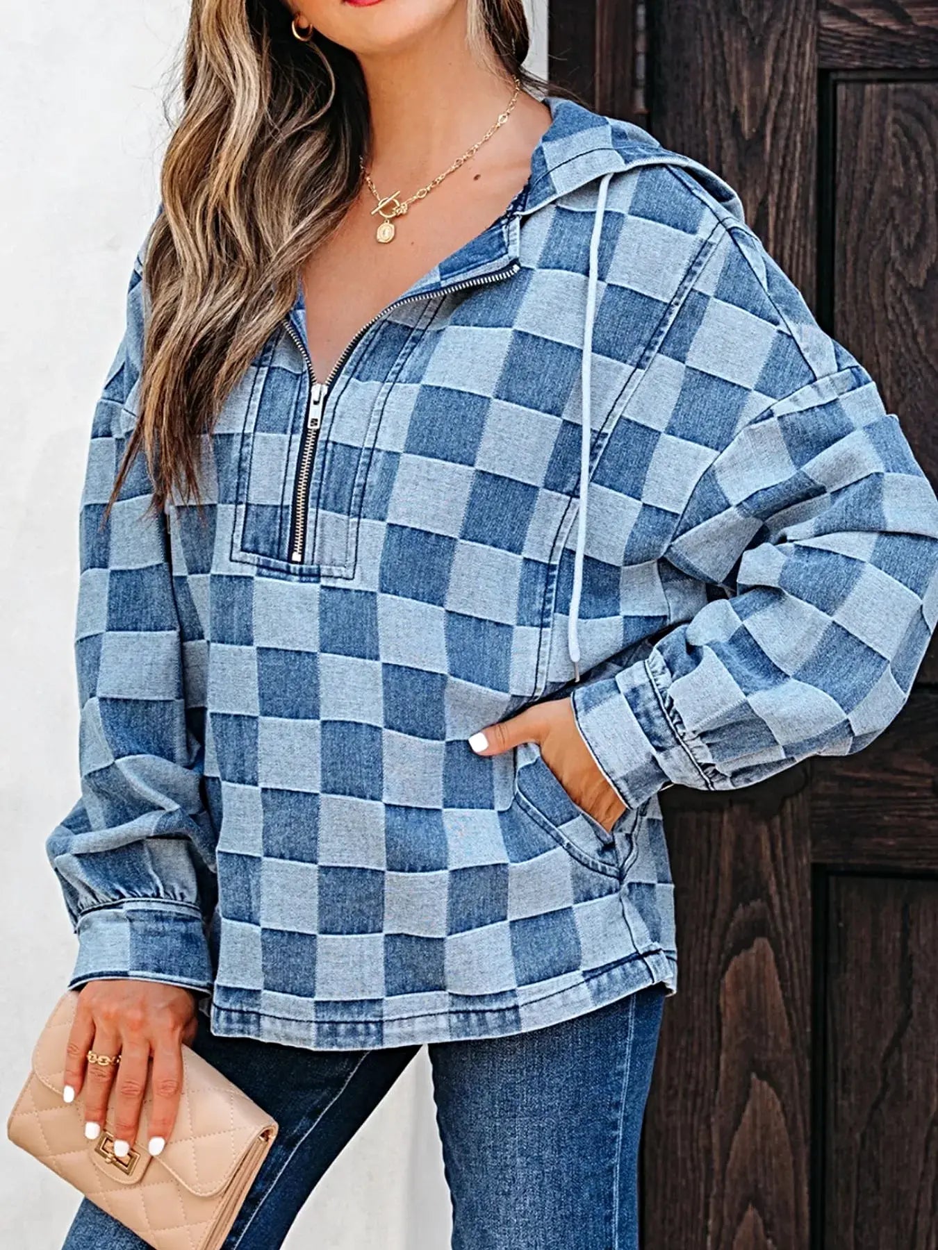 Checkered Half Zip Denim Hoodie Top -