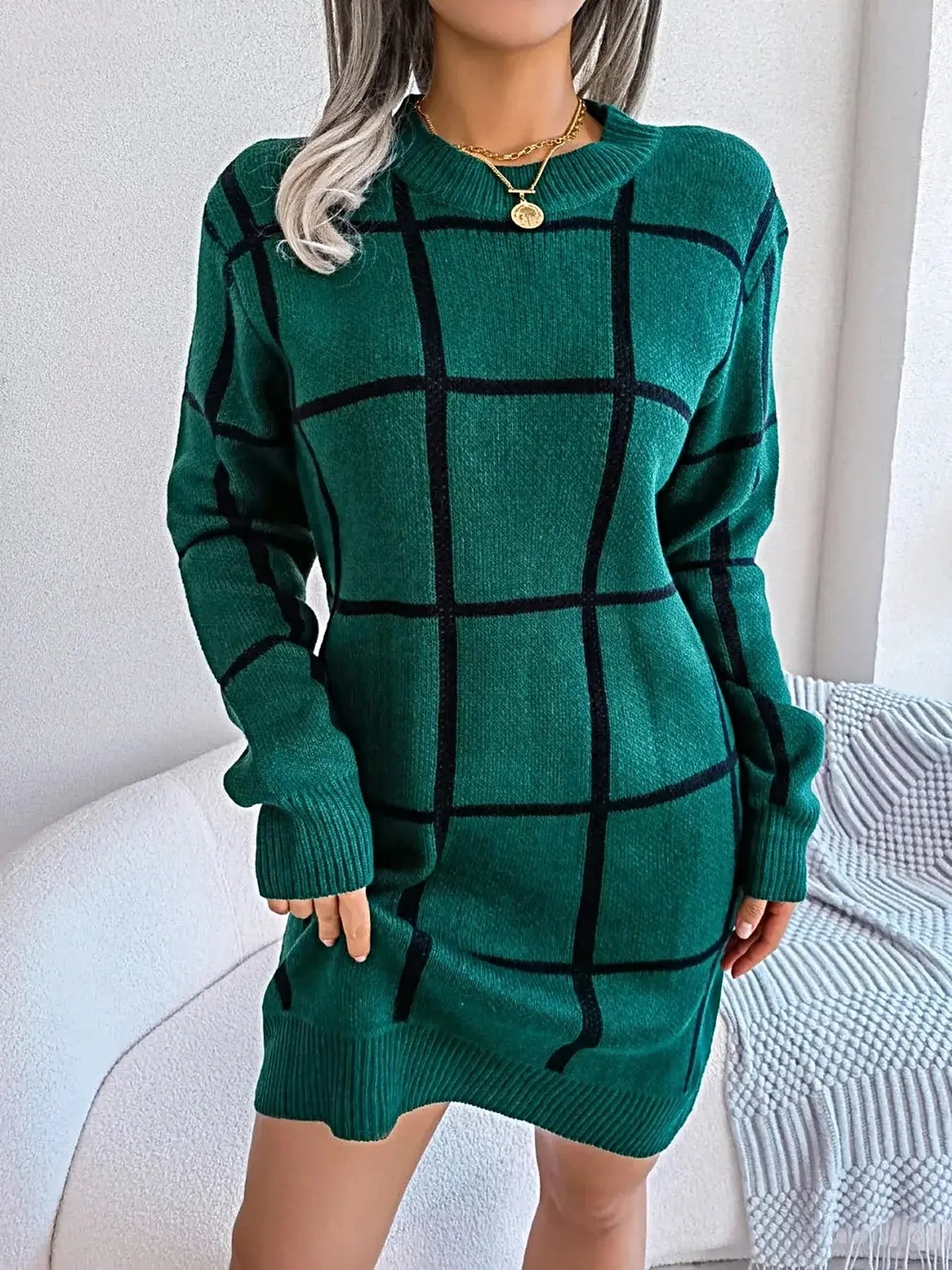 Plaid Round Neck Dropped Shoulder Sweater Dress -