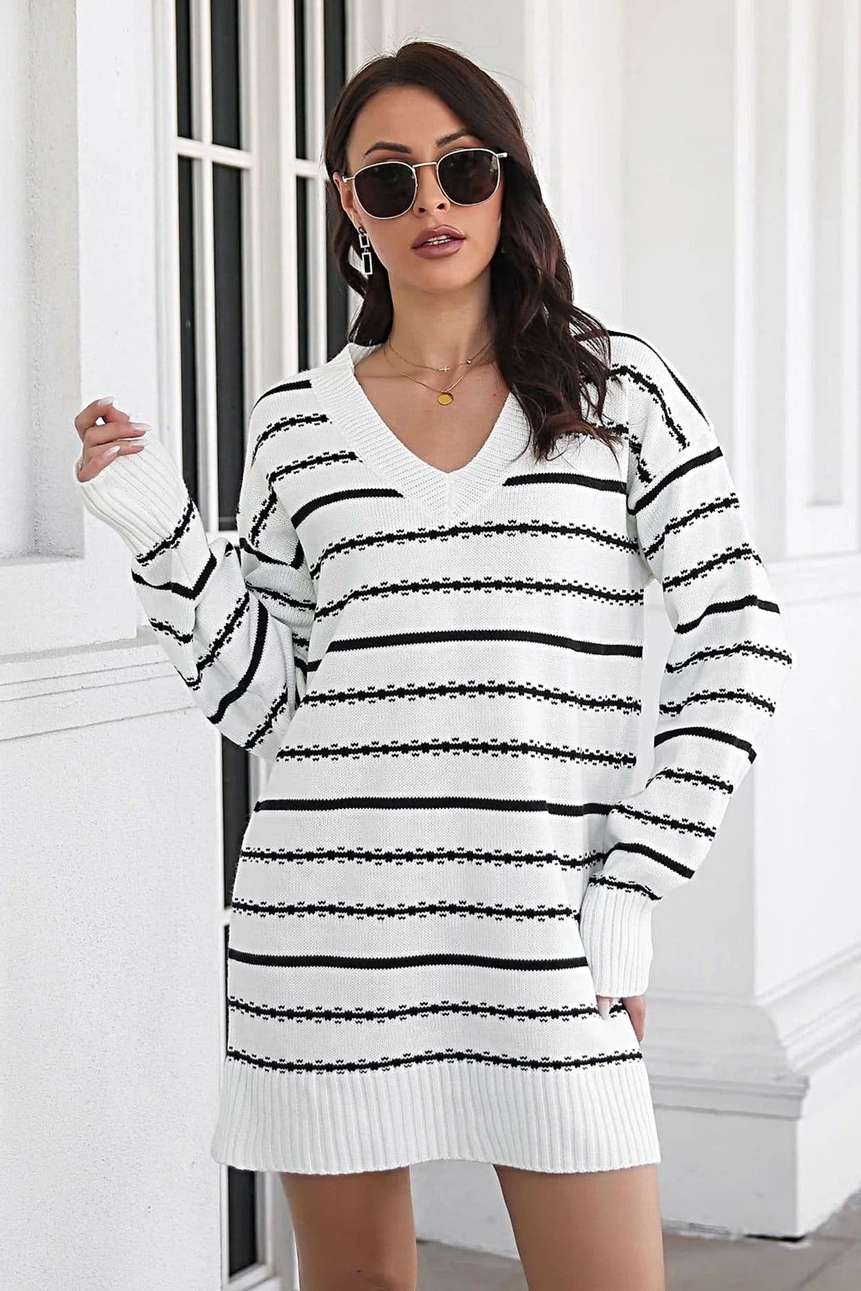 Striped V-Neck Sweater Dress -