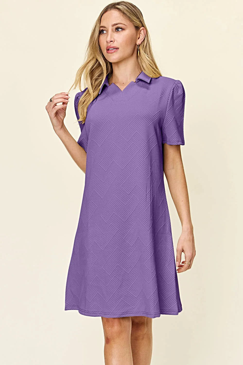 Elegant Double Take Short Sleeve Collar Dress - Textured Opaque Design, Slightly Stretchy, Machine Washable Trendsi