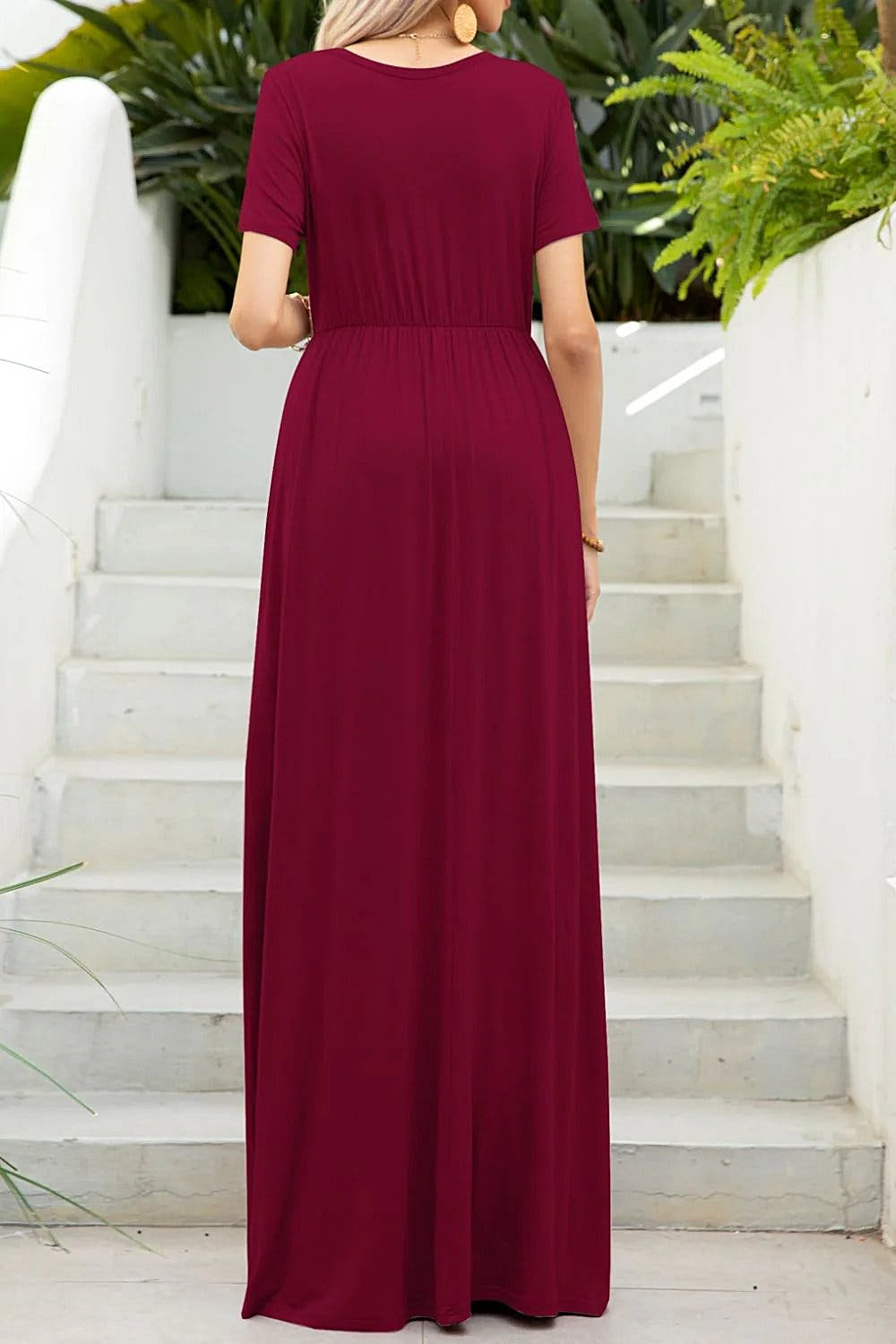 Luxury Round Neck Maxi Dress with Pockets, Highly Stretchy Casual Dress in Solid Colors Trendsi