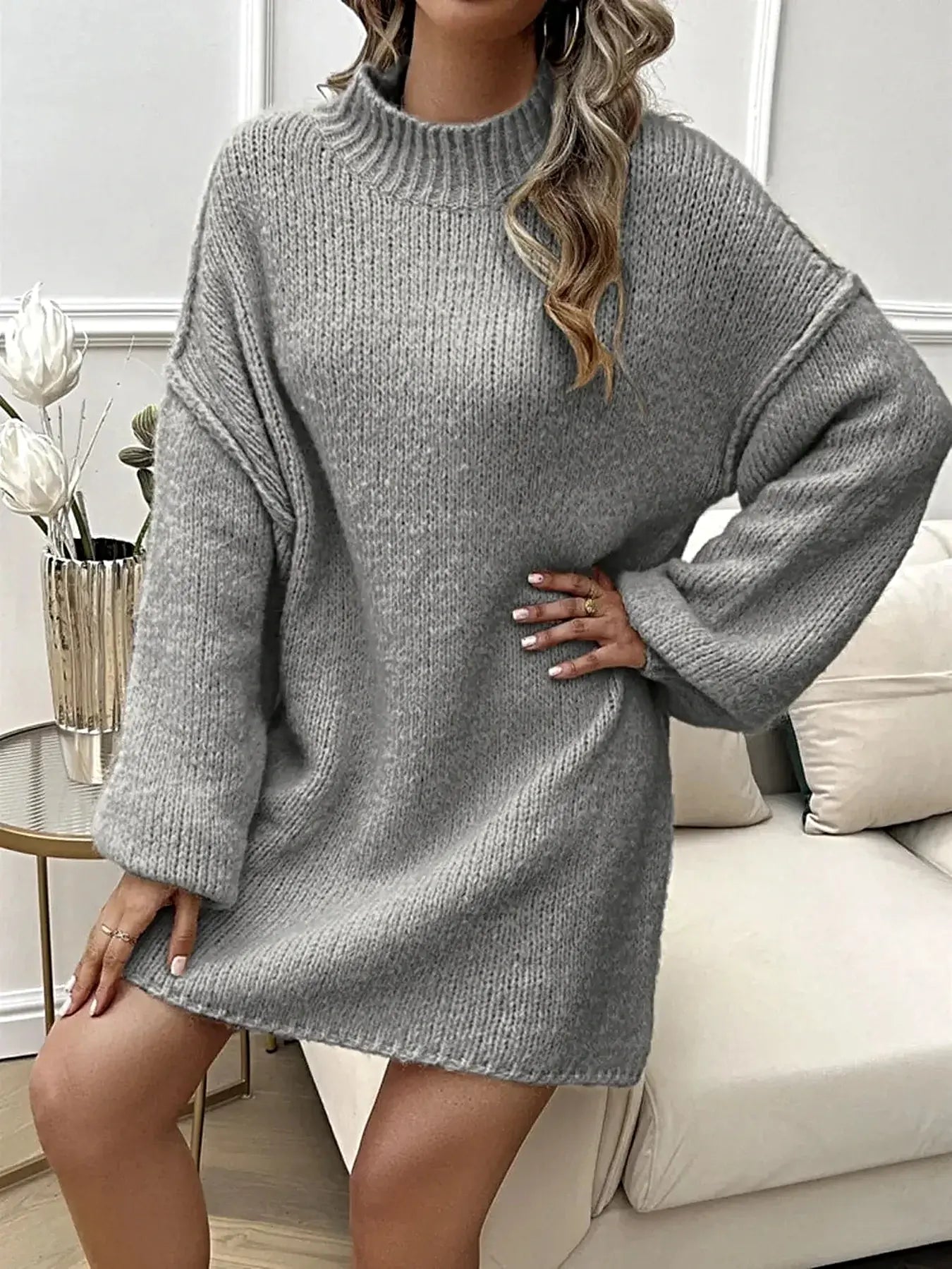 Devine Mock Neck Long Sleeve Mini Sweater Dress -